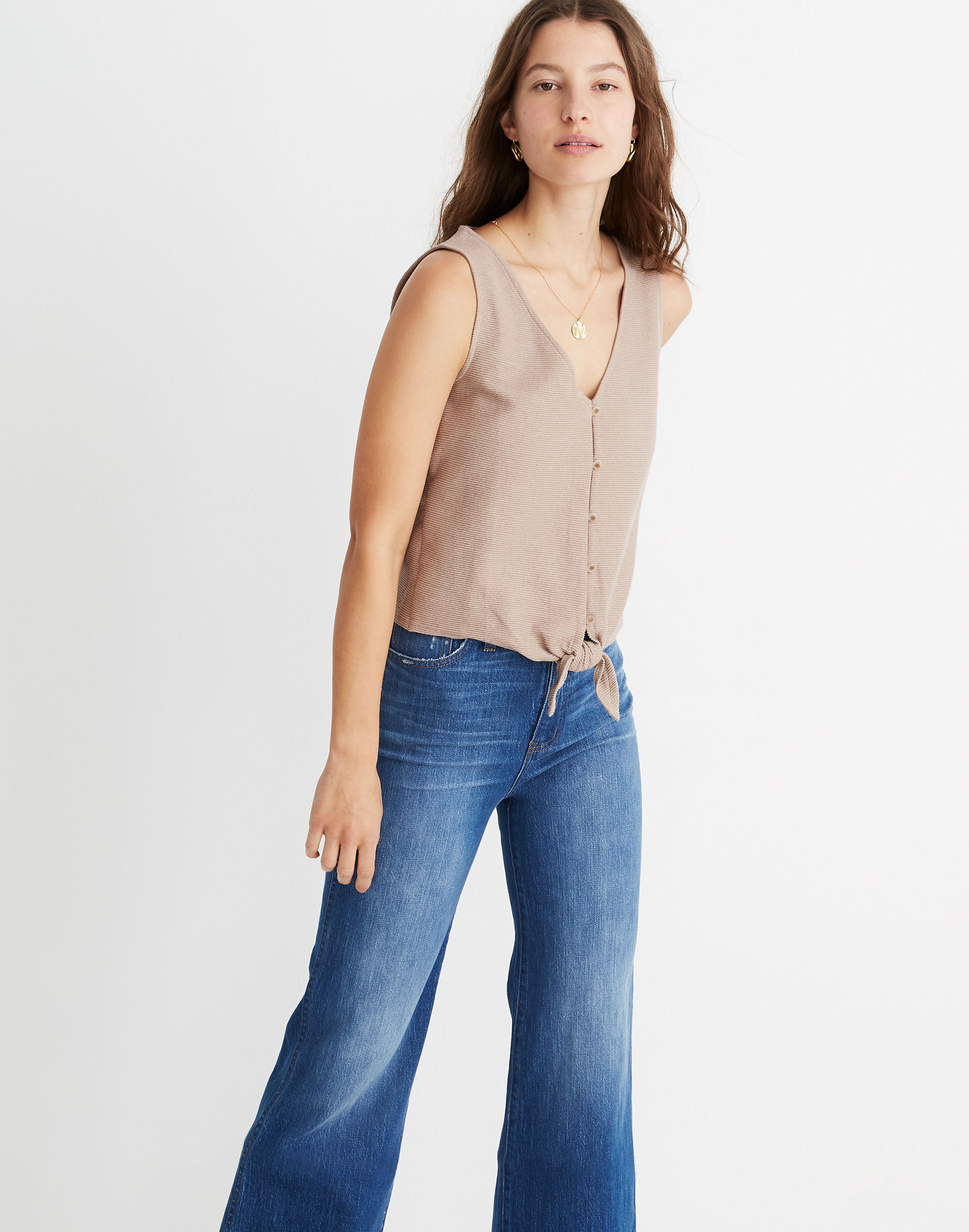 Texture &amp; Thread Button-Front Tie Tank Top