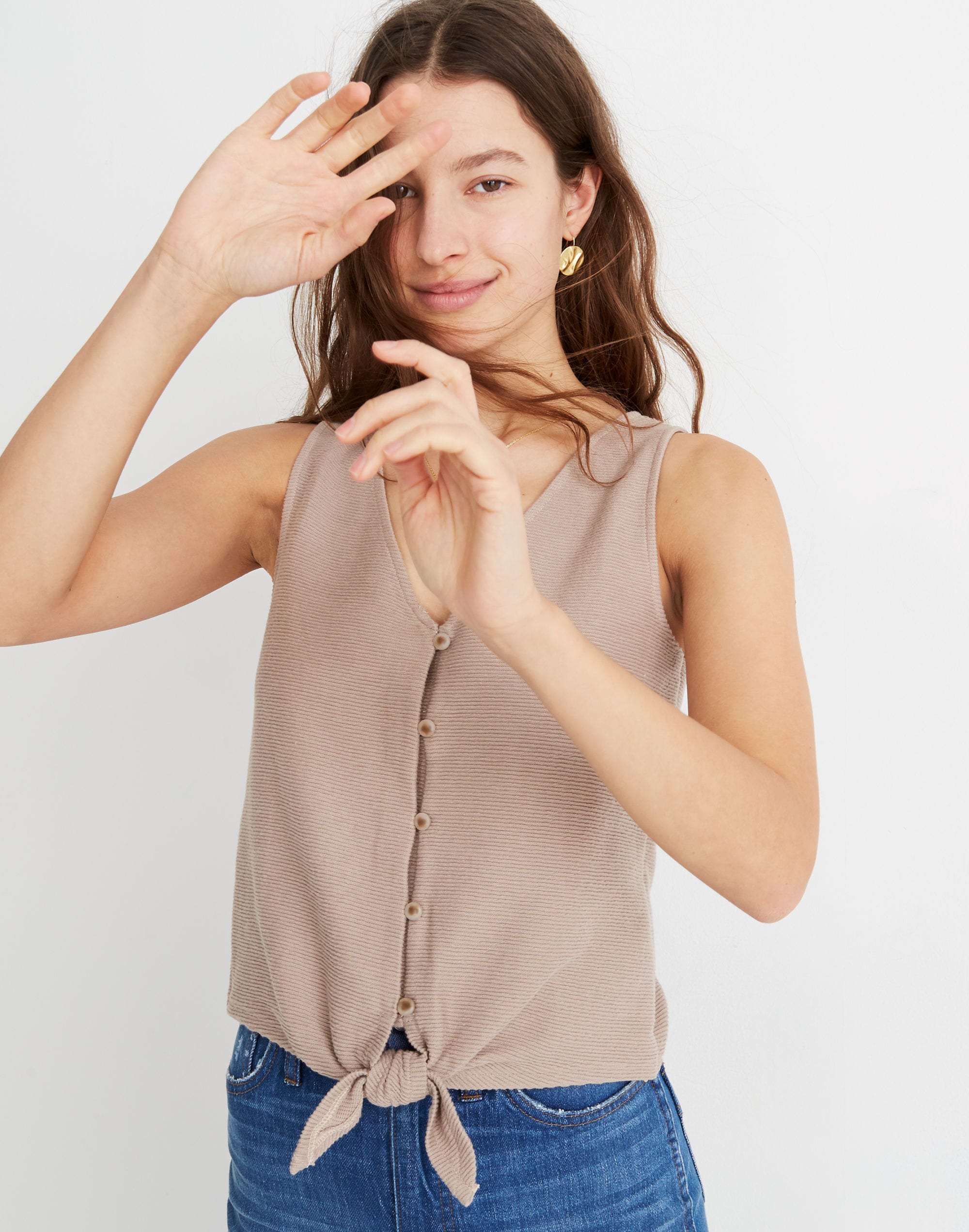 Texture &amp; Thread Button-Front Tie Tank Top