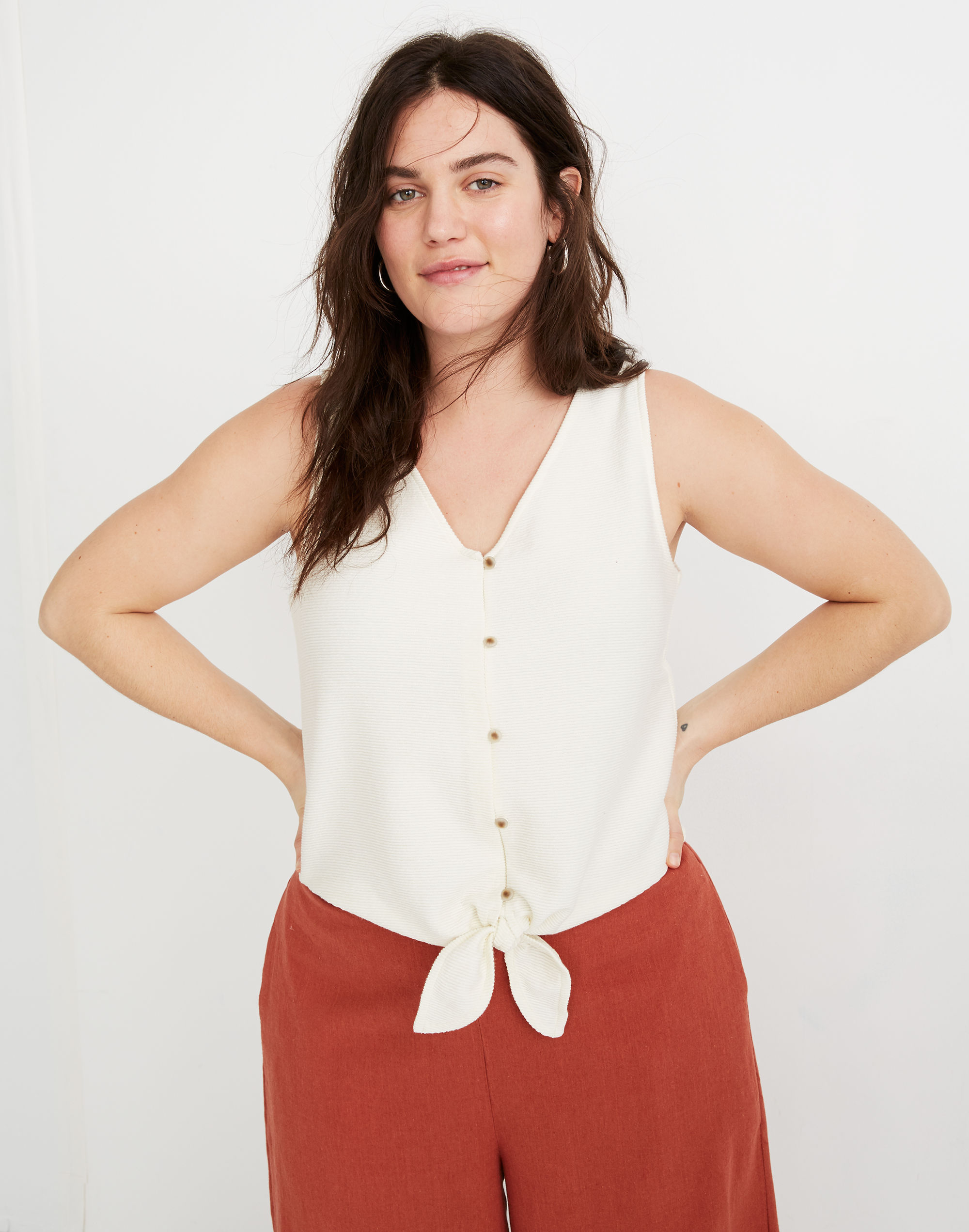 Texture &amp; Thread Button-Front Tie Tank Top