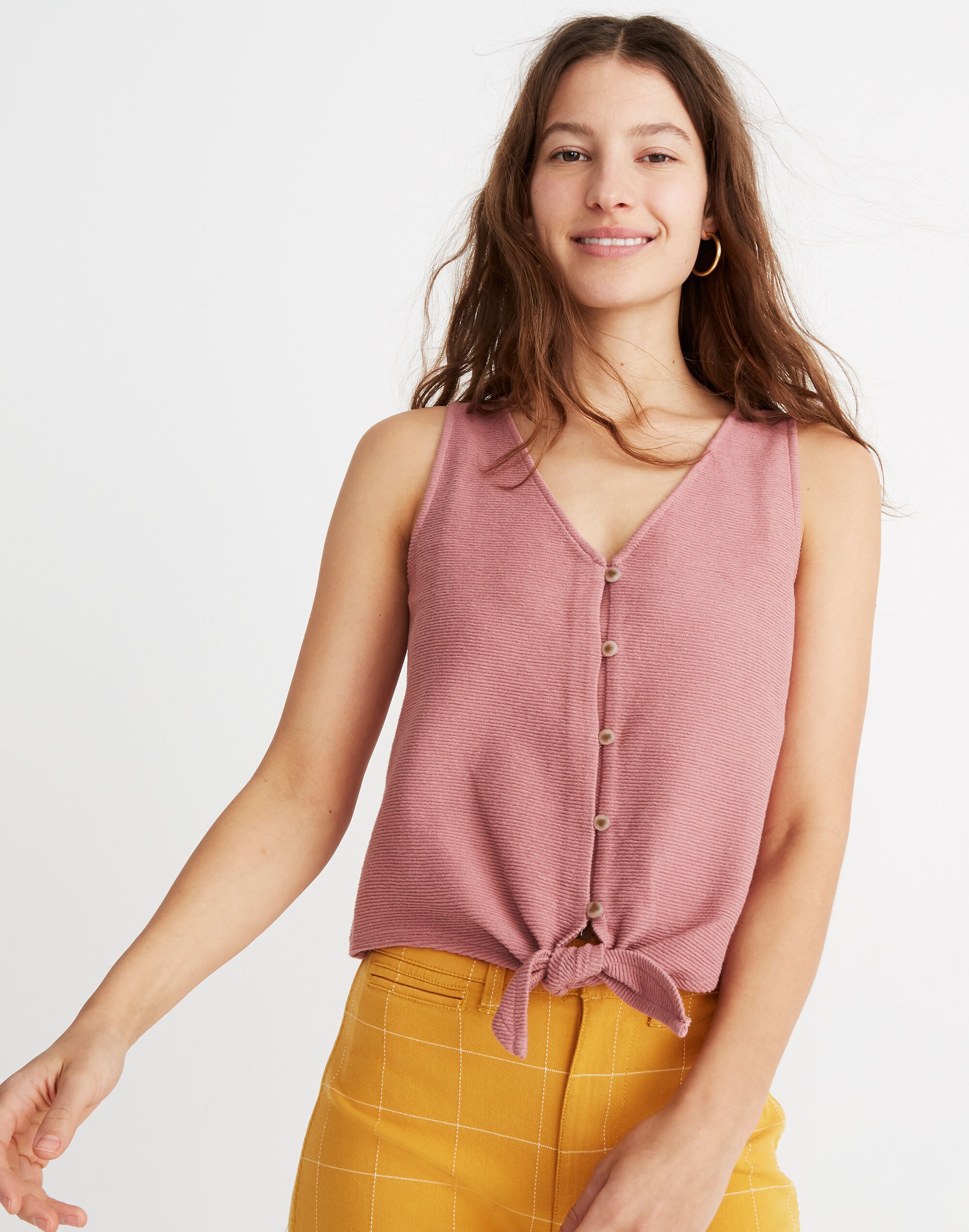 Texture &amp; Thread Button-Front Tie Tank Top