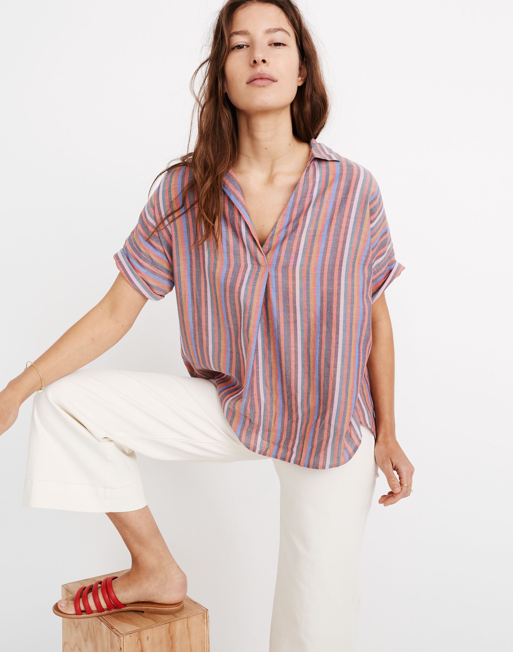Courier Button-Back Shirt in Rainbow Stripe