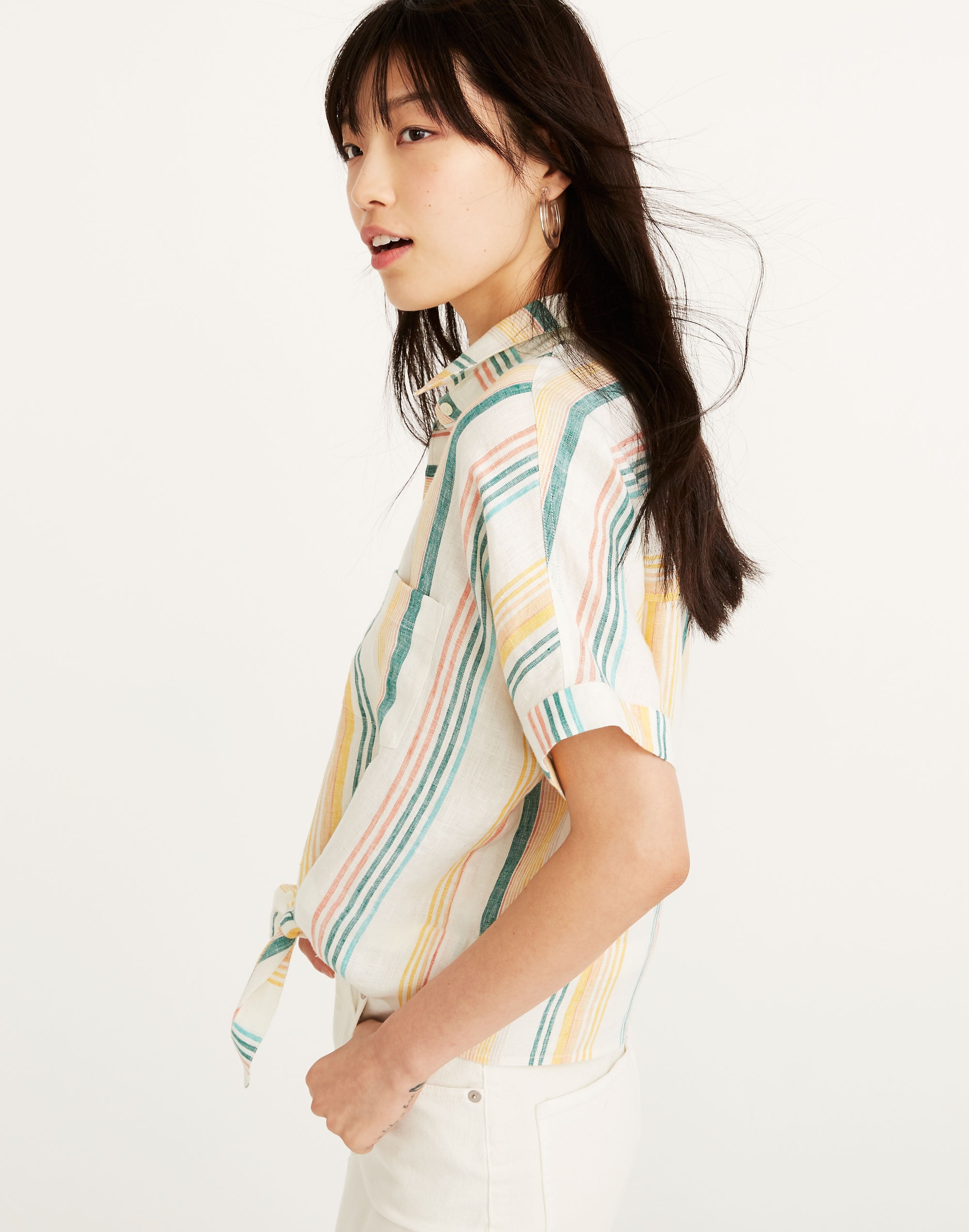 Linen Short-Sleeve Tie-Front Shirt in Pineapple Stripe