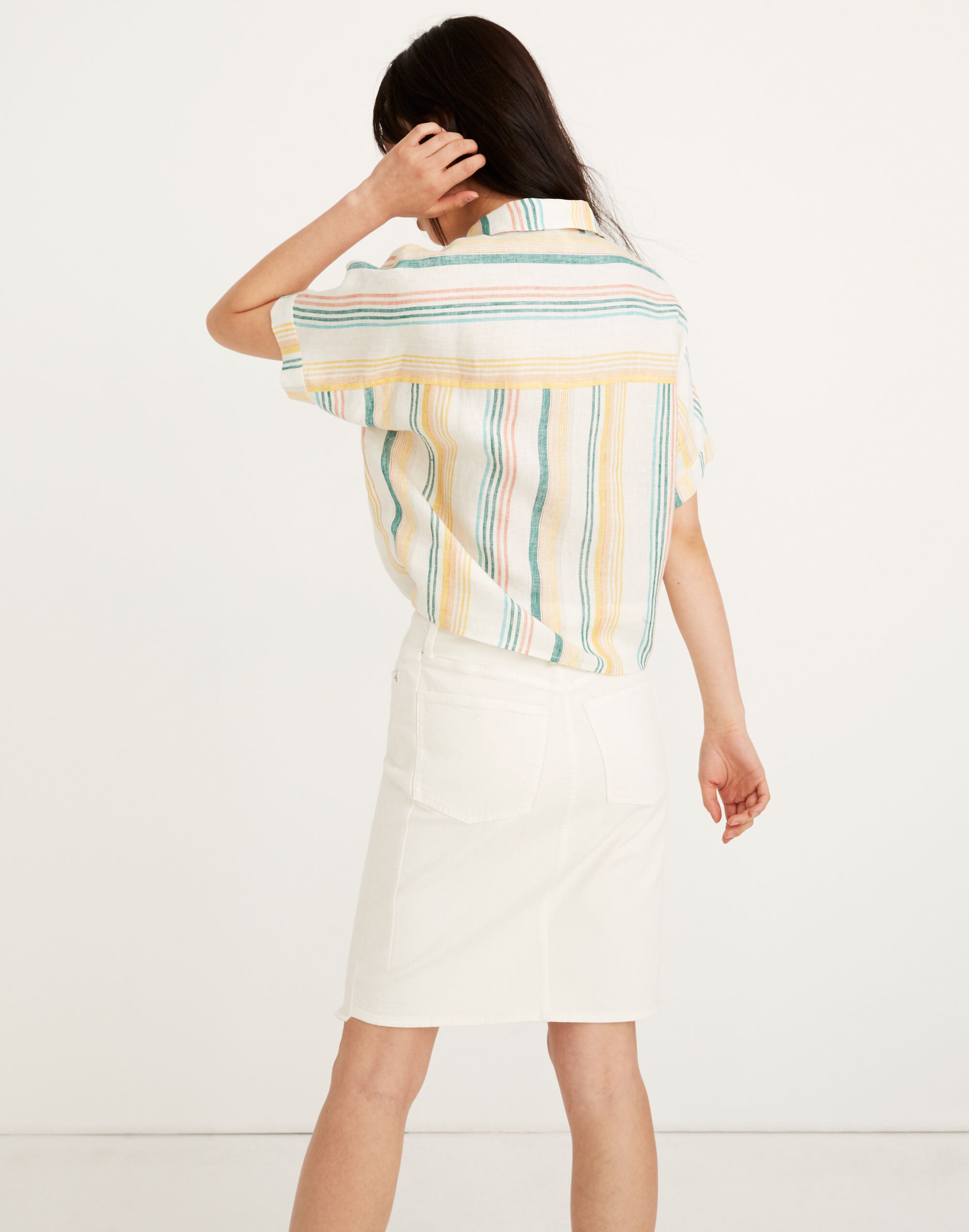 Linen Short-Sleeve Tie-Front Shirt in Pineapple Stripe