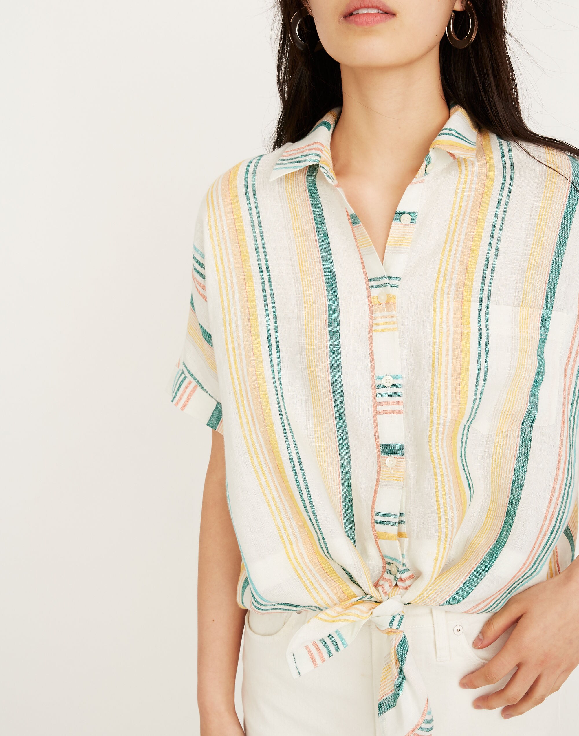 Linen Short-Sleeve Tie-Front Shirt in Pineapple Stripe