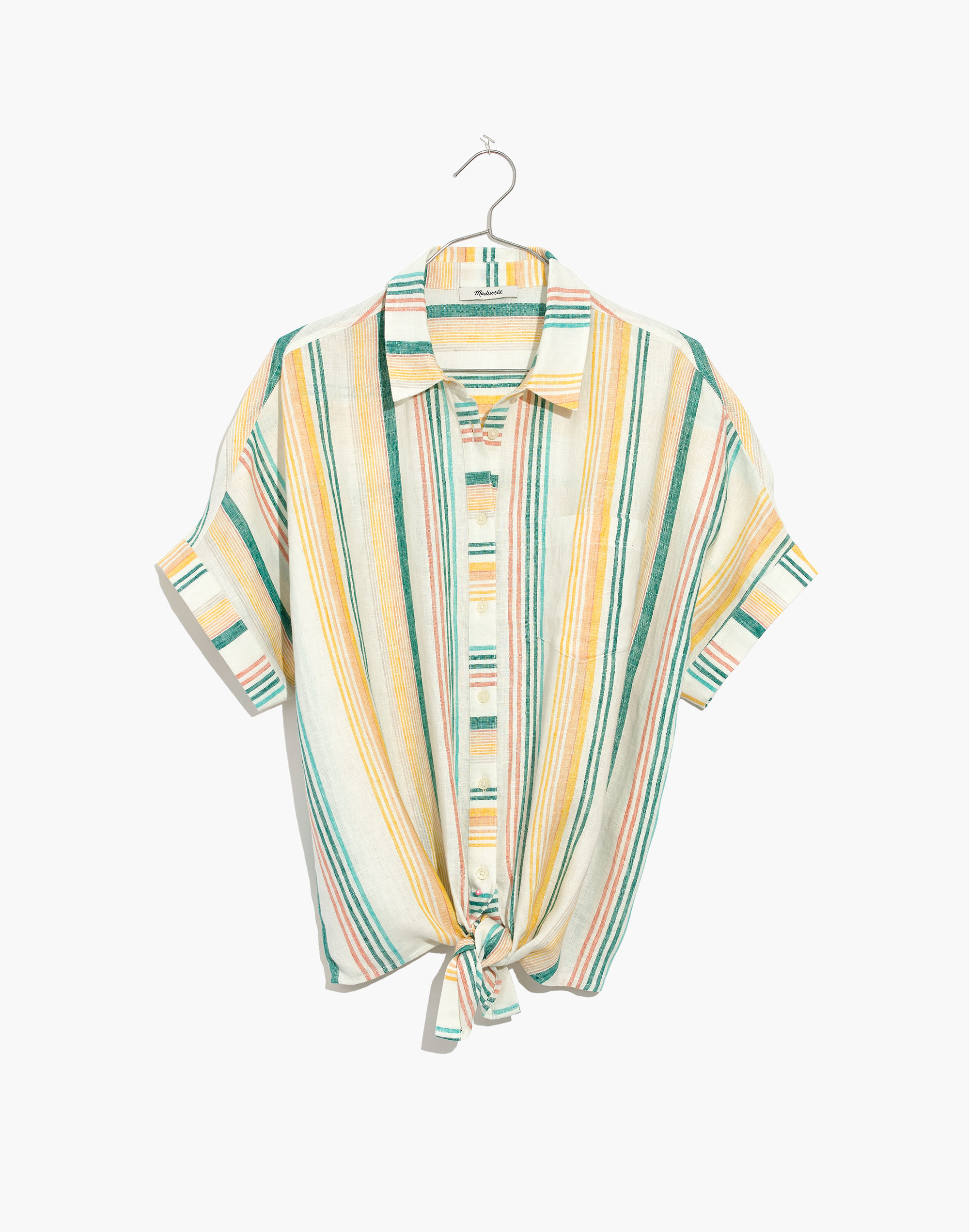 Linen Short-Sleeve Tie-Front Shirt in Pineapple Stripe