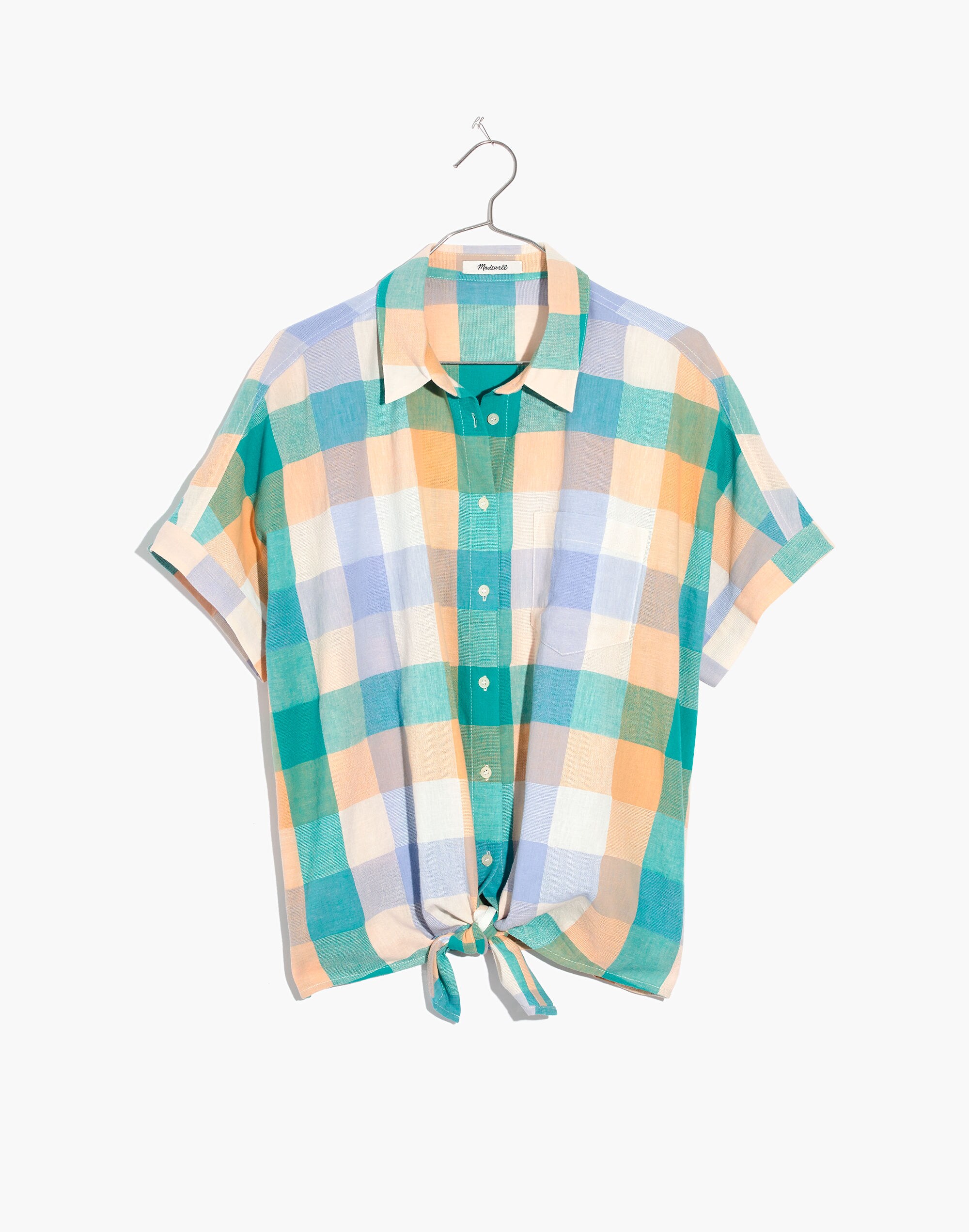 Short-Sleeve Tie-Front Shirt in Oversized Gingham Check