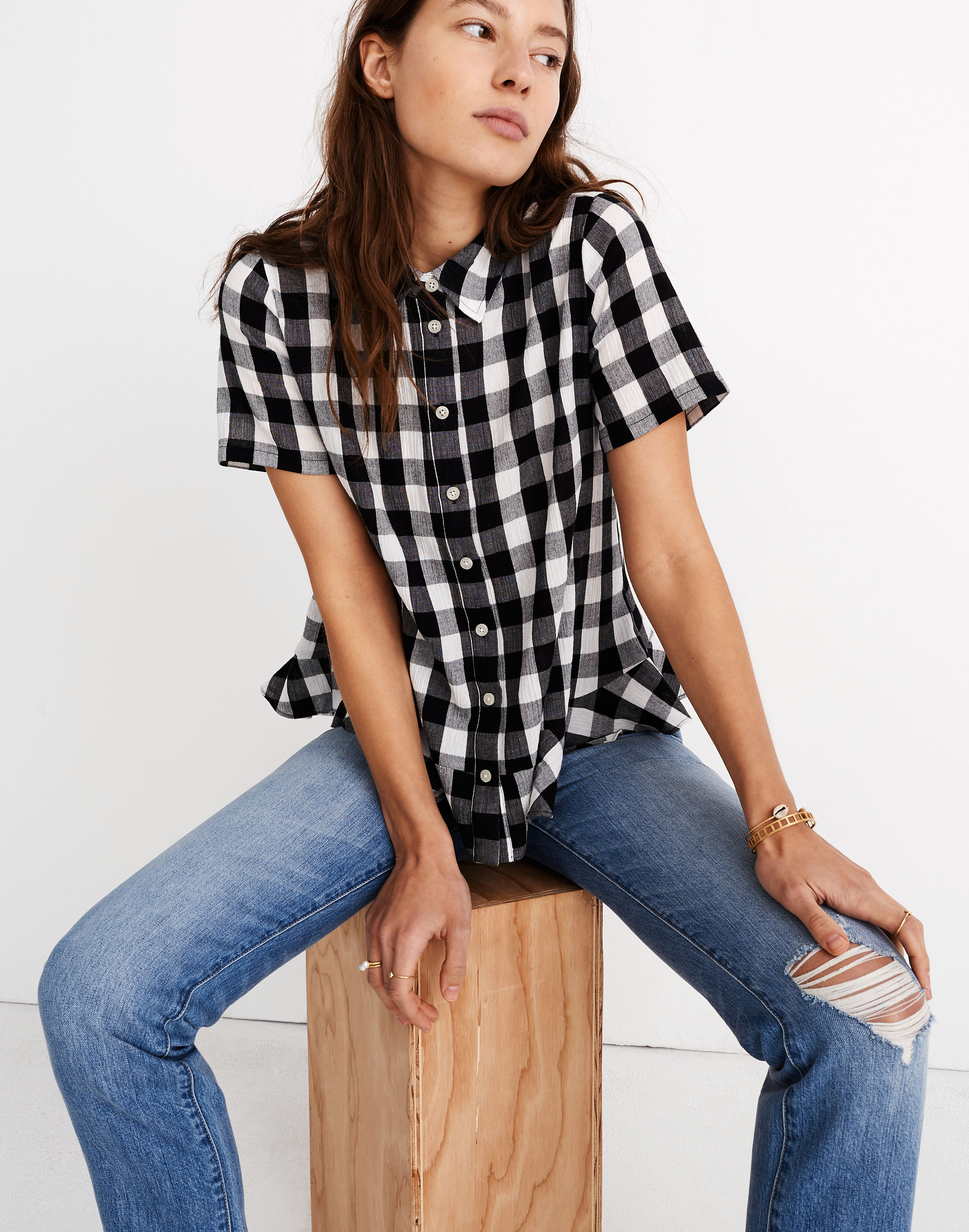 Peplum Button-Down Shirt in Gingham