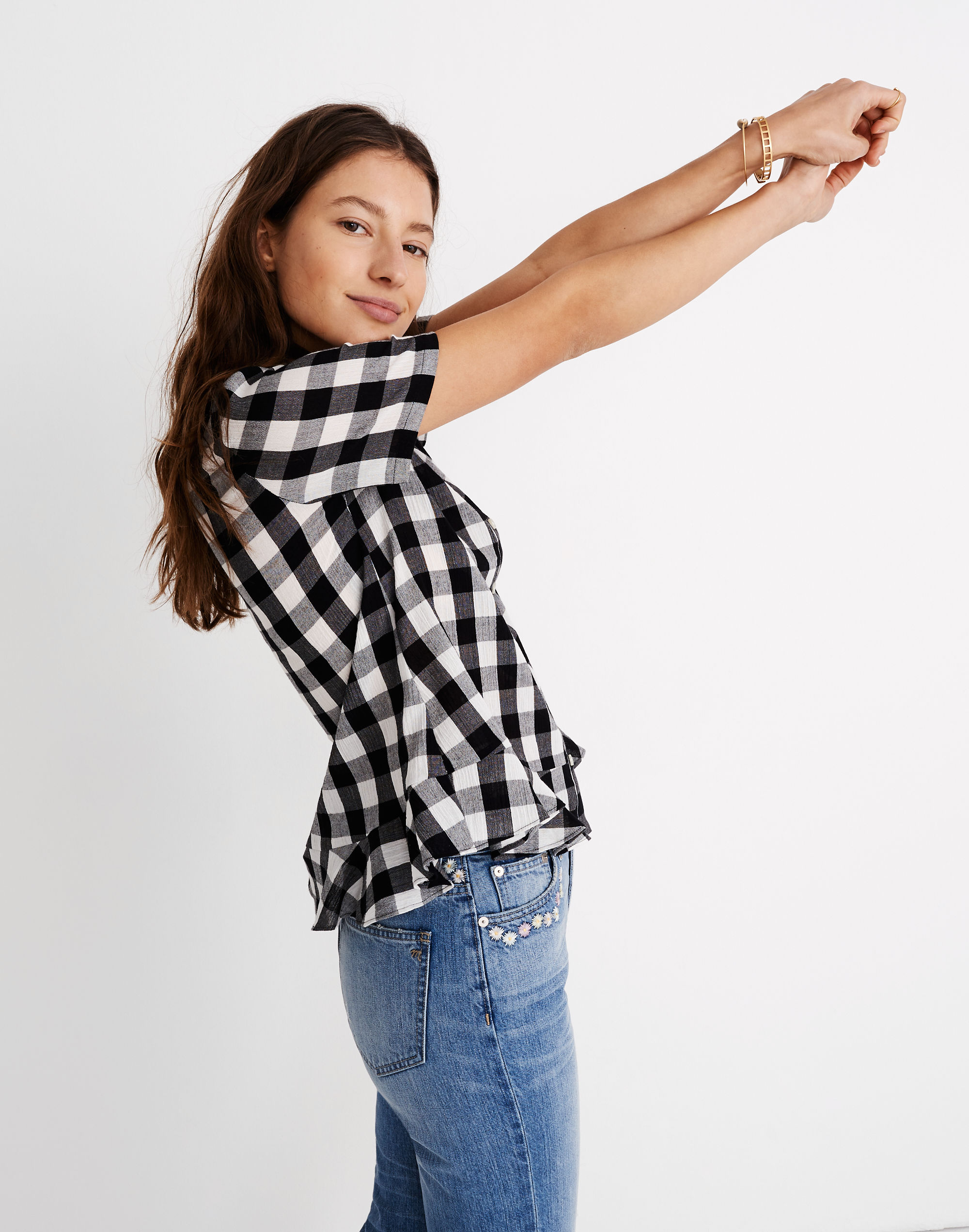 Peplum Button-Down Shirt in Gingham