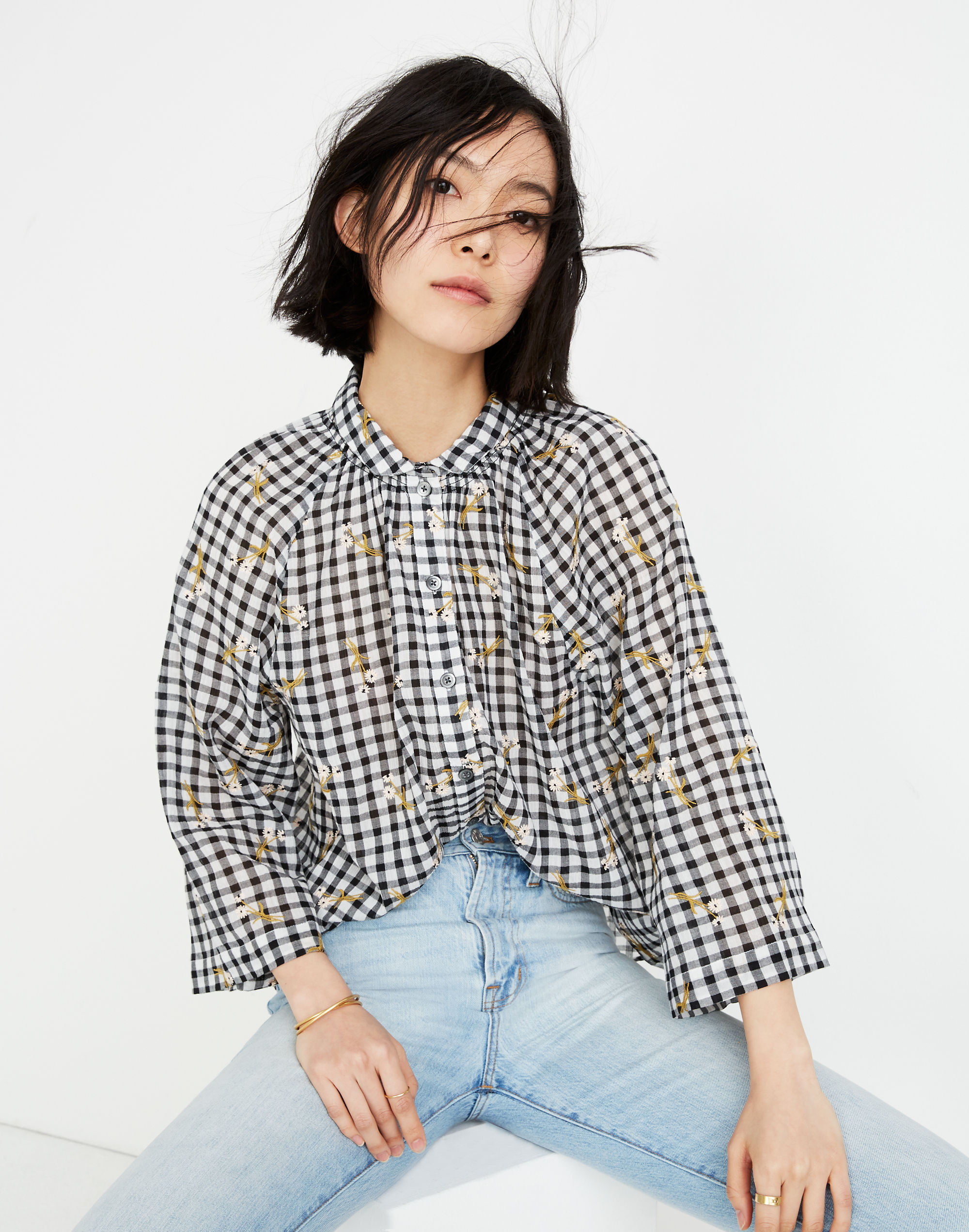 Daisy Sketch Embroidered Raglan Peasant Shirt in Gingham