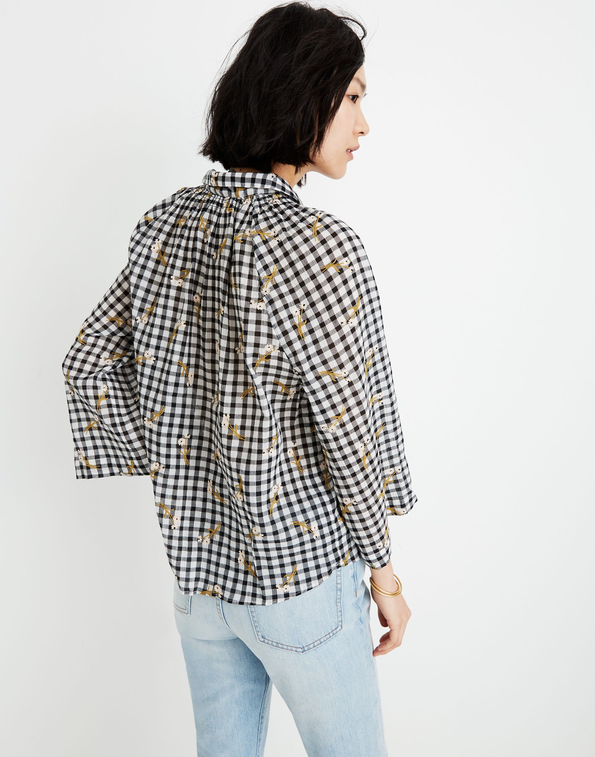 Daisy Sketch Embroidered Raglan Peasant Shirt in Gingham