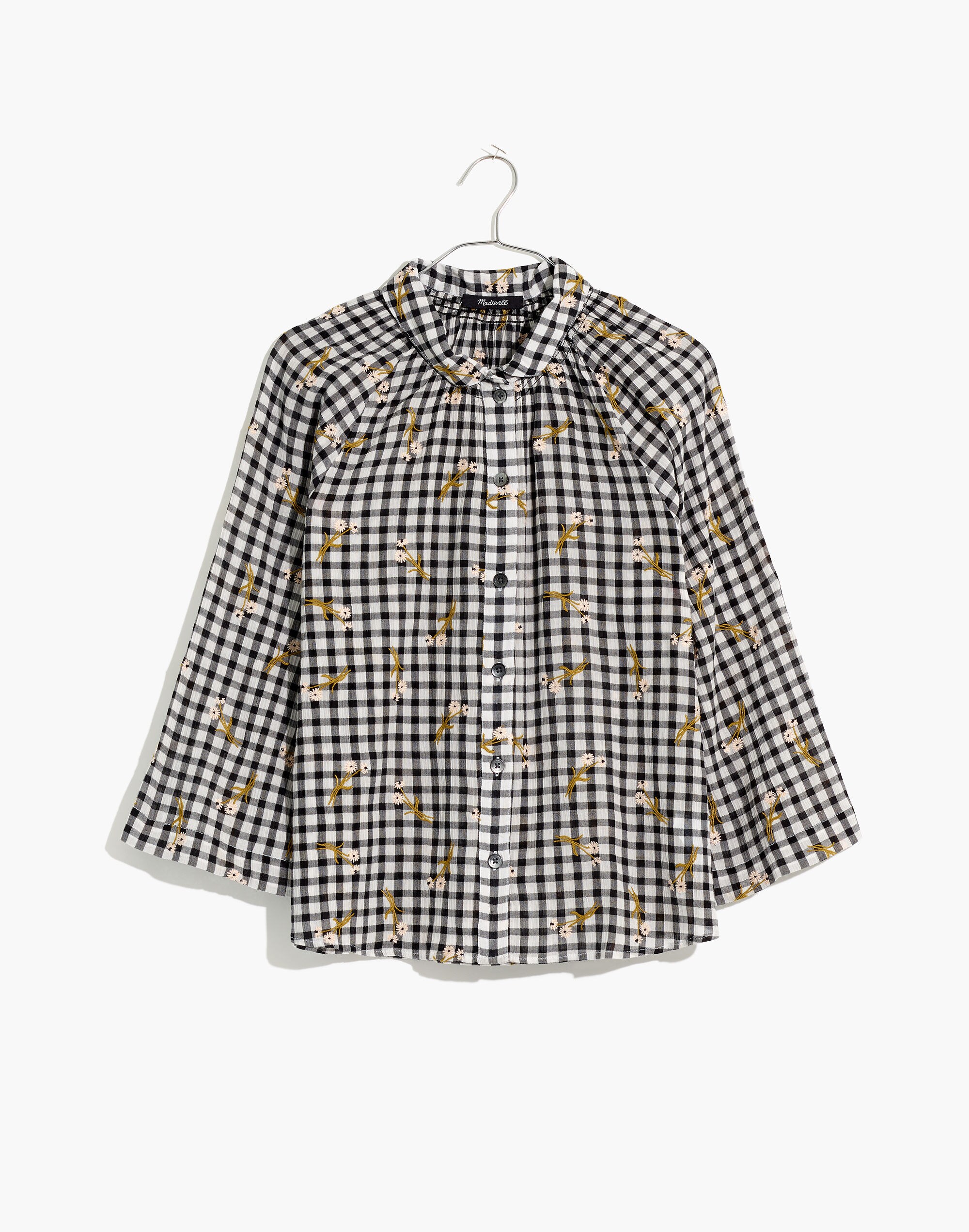 Daisy Sketch Embroidered Raglan Peasant Shirt in Gingham