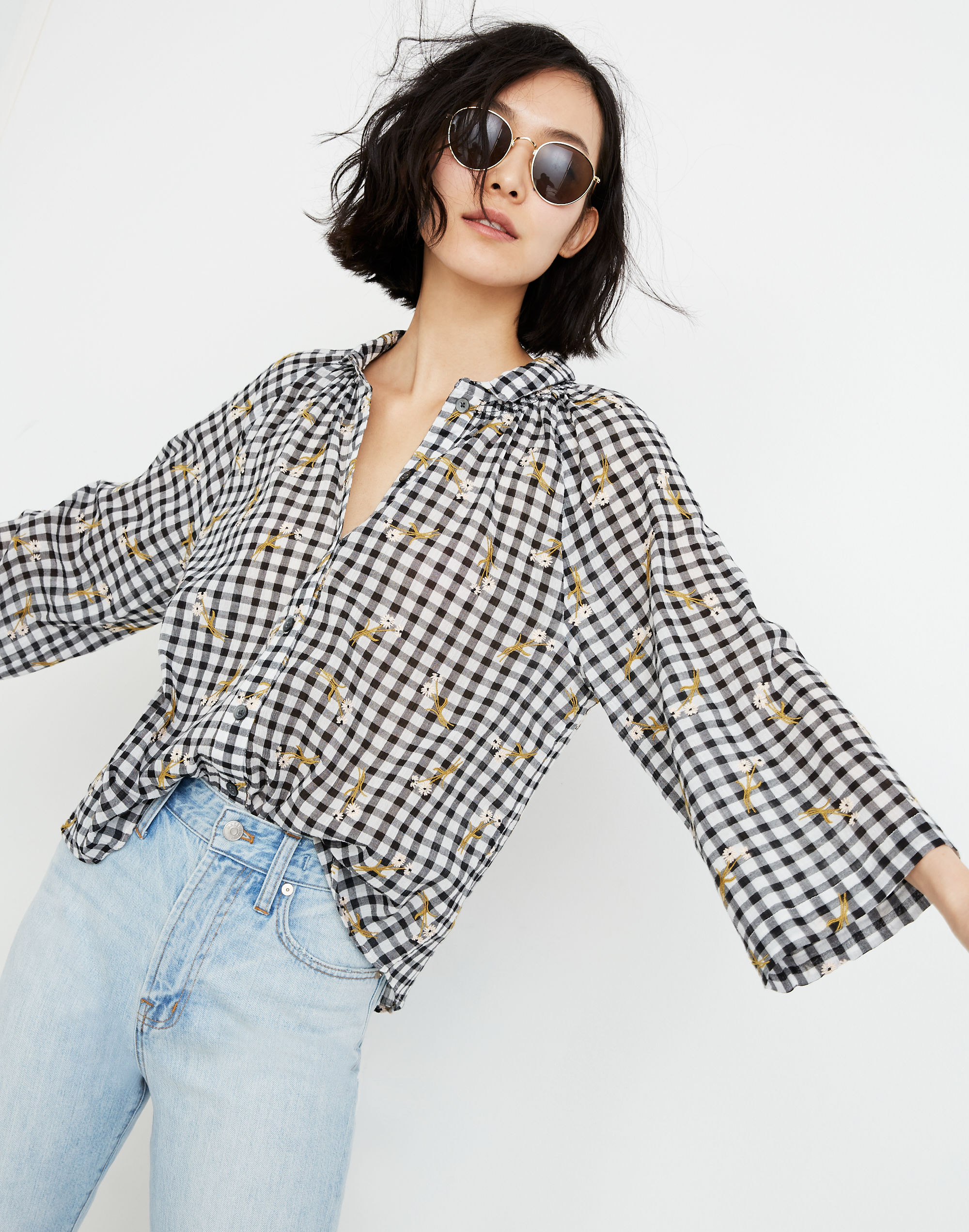 Daisy Sketch Embroidered Raglan Peasant Shirt in Gingham