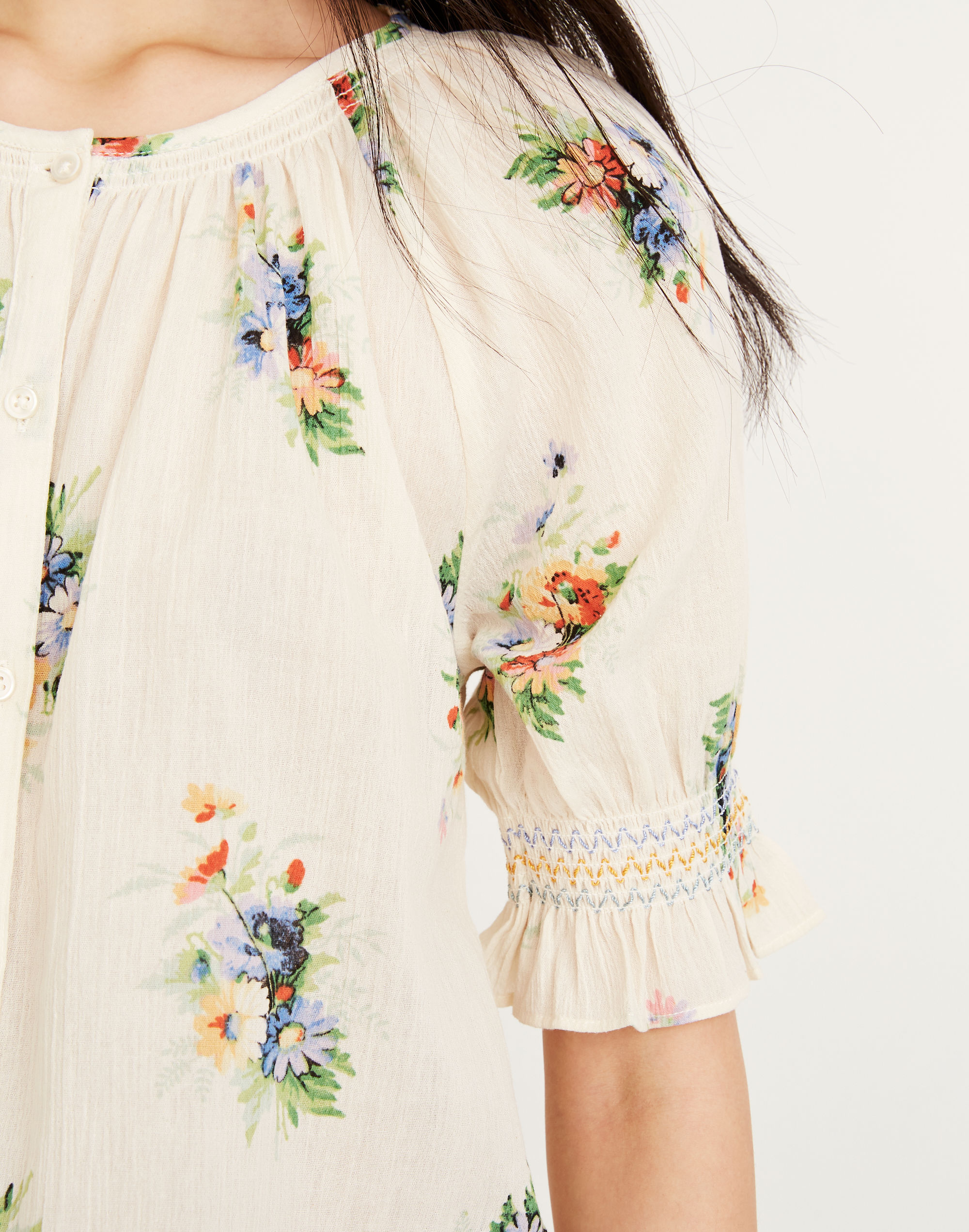 Smocked Button-Down Top in Classic Corsage