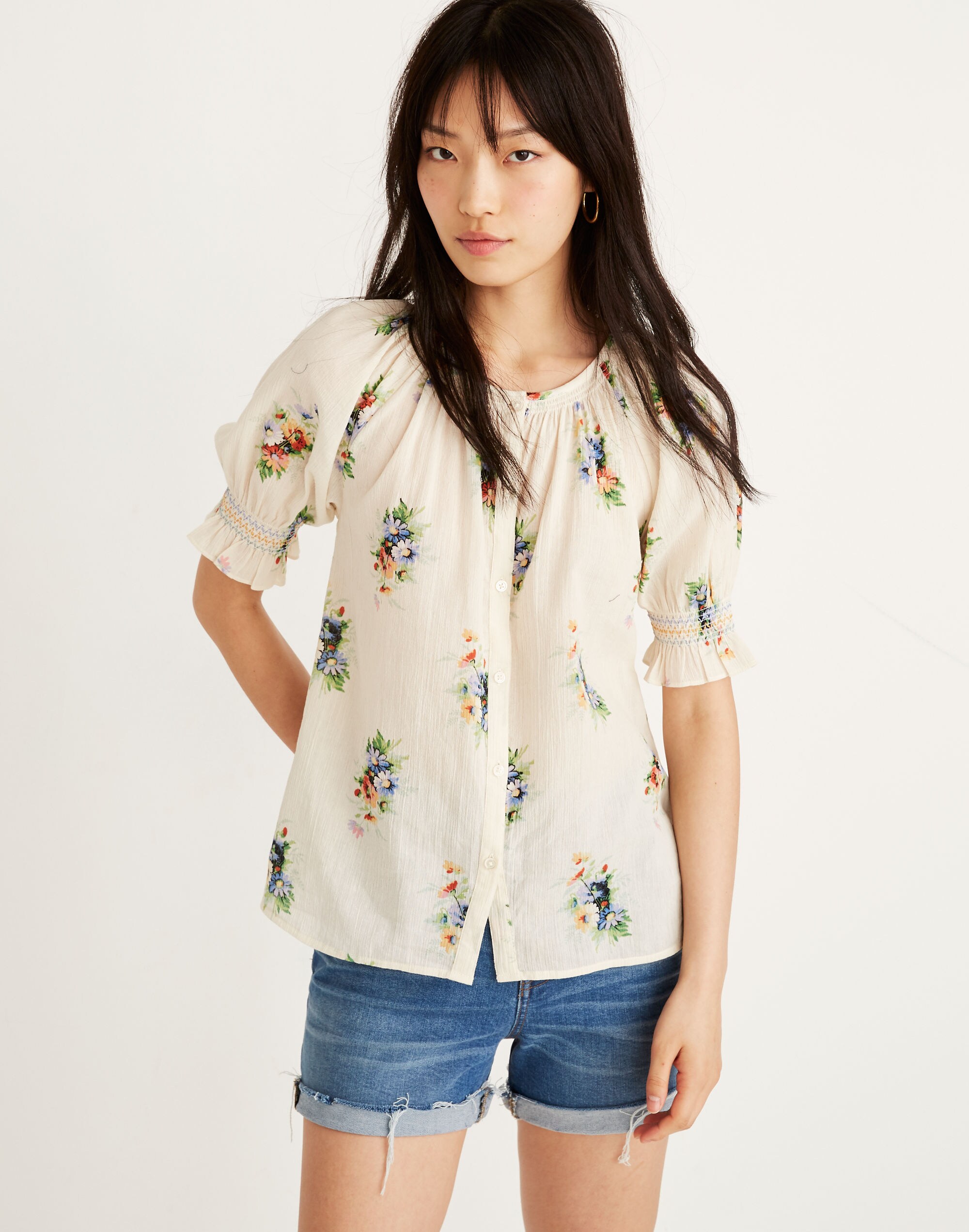 Smocked Button-Down Top in Classic Corsage