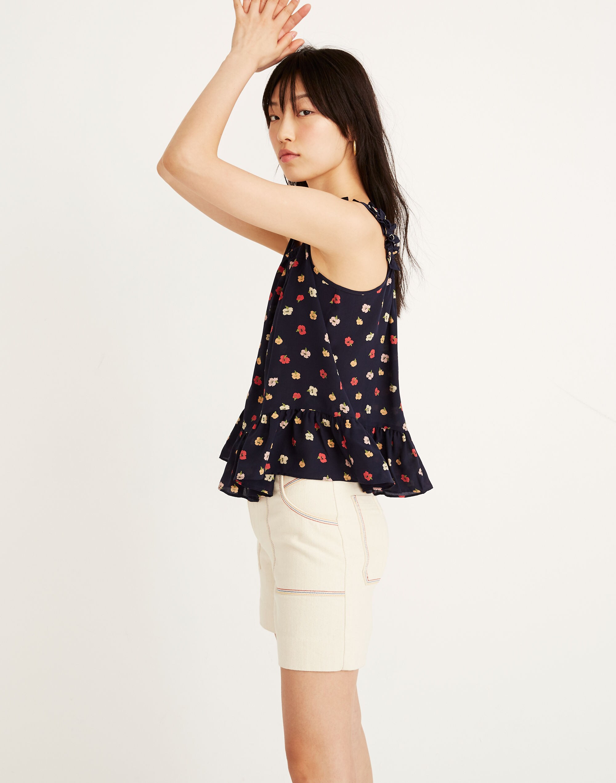 Silk Ruffle-Strap Cami Top in Confetti Floral