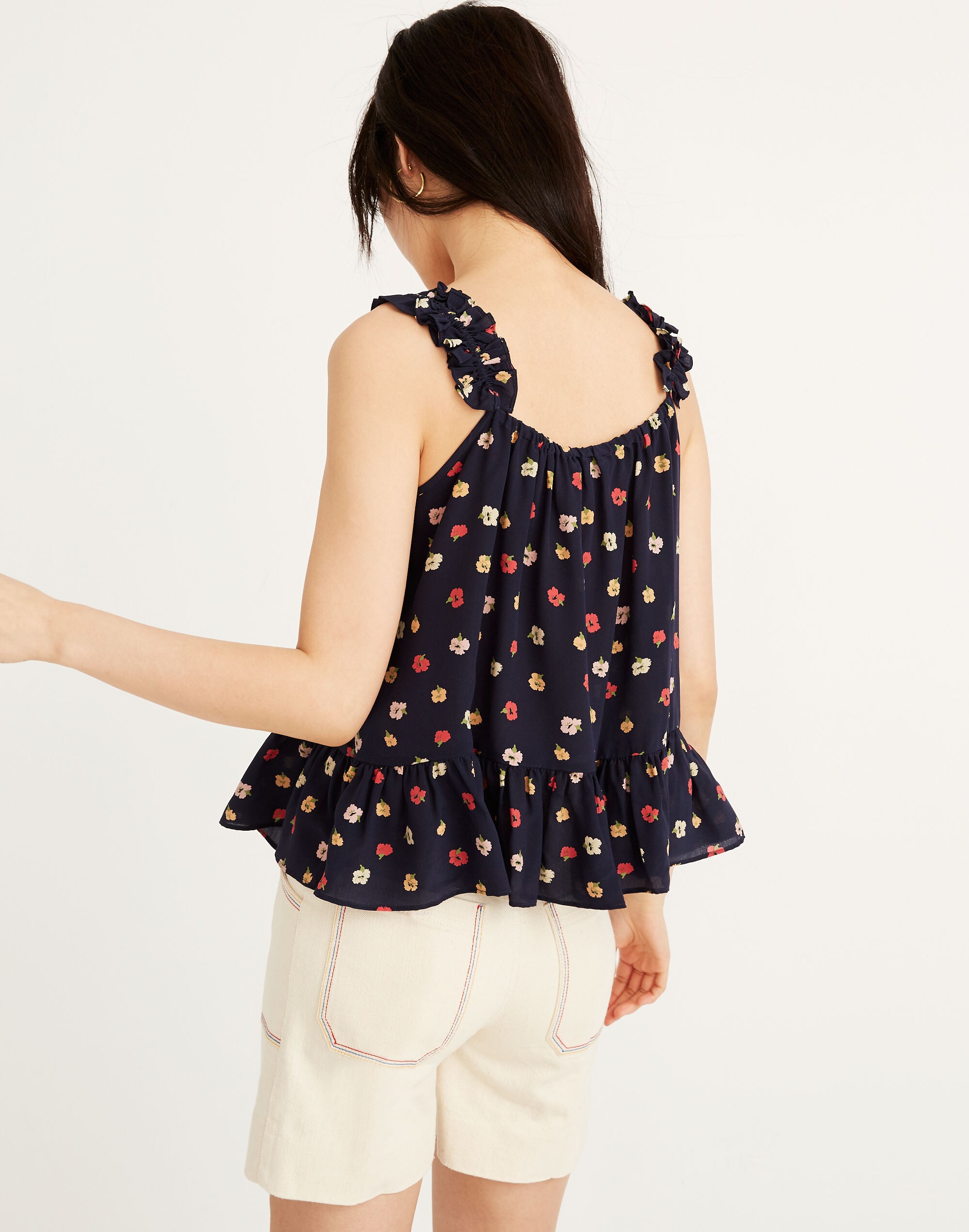 Silk Ruffle-Strap Cami Top in Confetti Floral