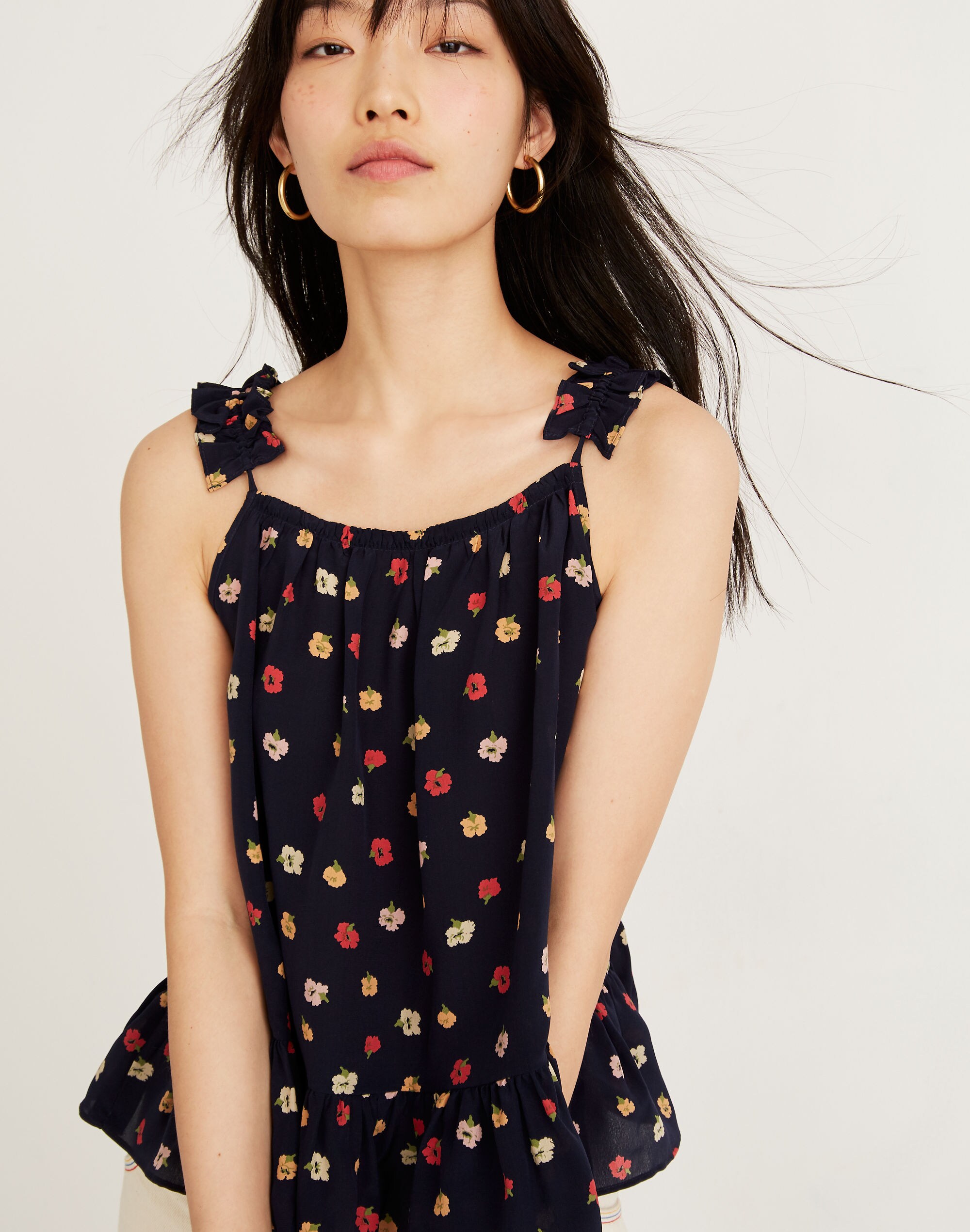 Silk Ruffle-Strap Cami Top in Confetti Floral