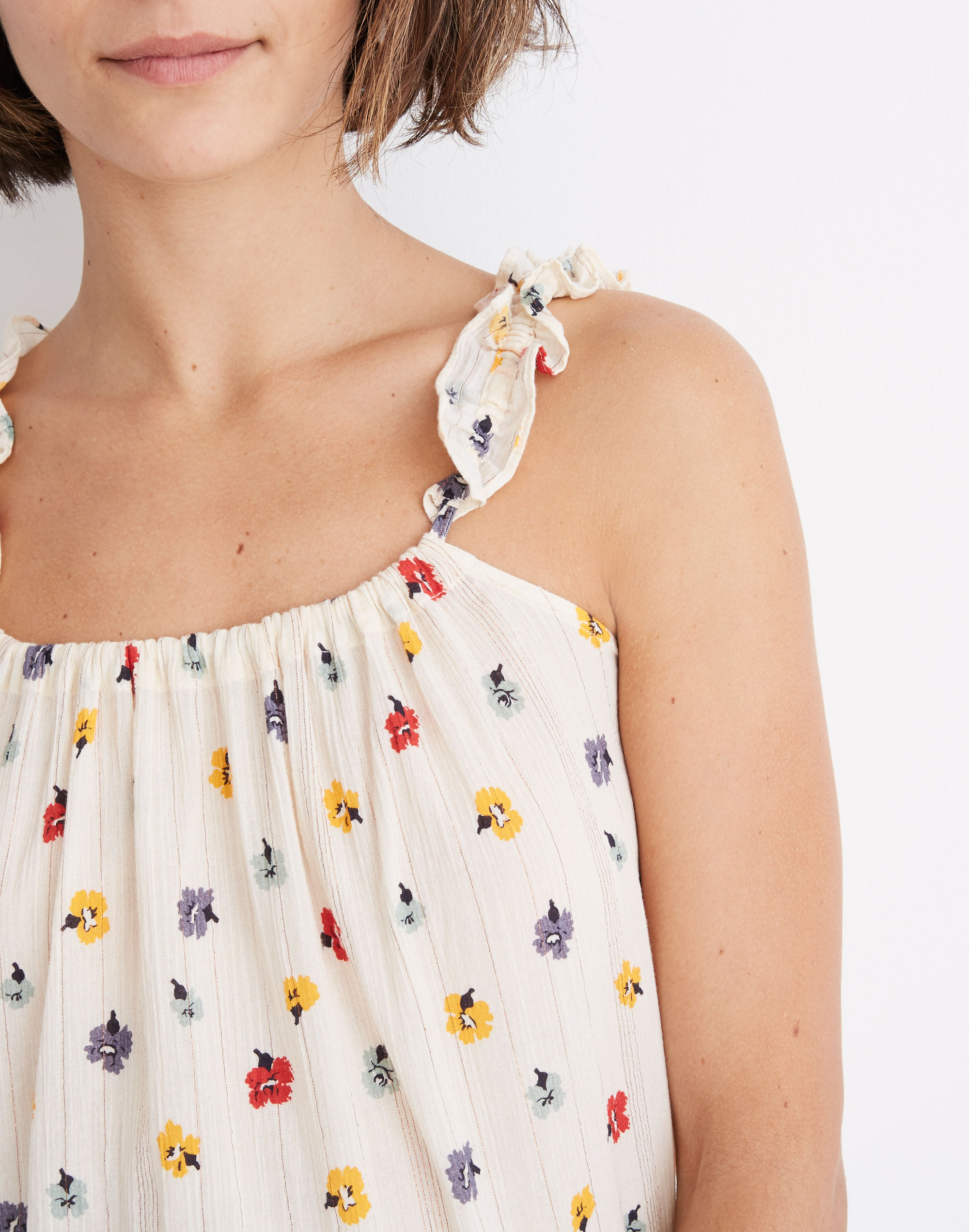 Ruffle-Strap Cami Top in Metallic-Striped Confetti Floral