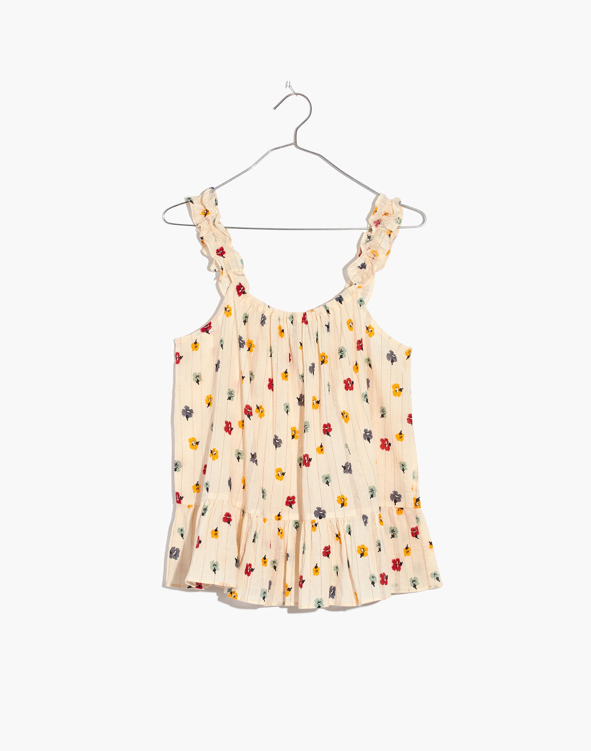 Ruffle-Strap Cami Top in Metallic-Striped Confetti Floral