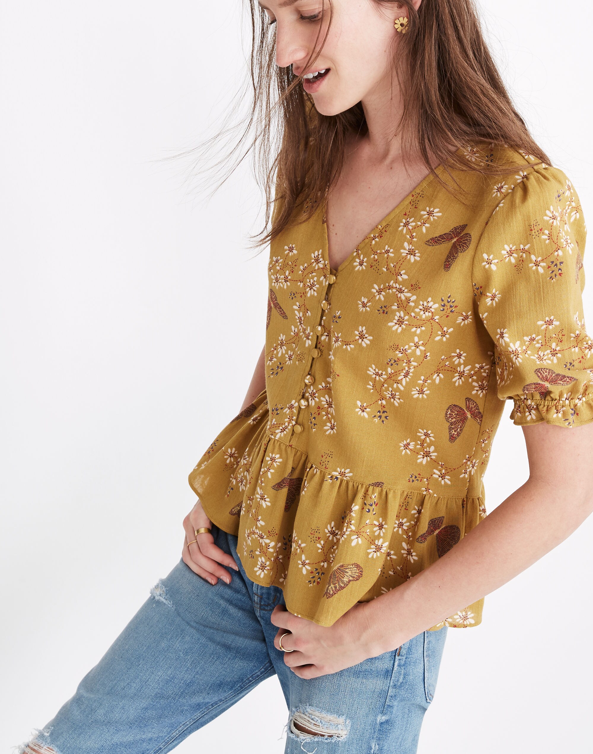 Courtyard Ruffle-Hem Top in Butterfly Sanctuary