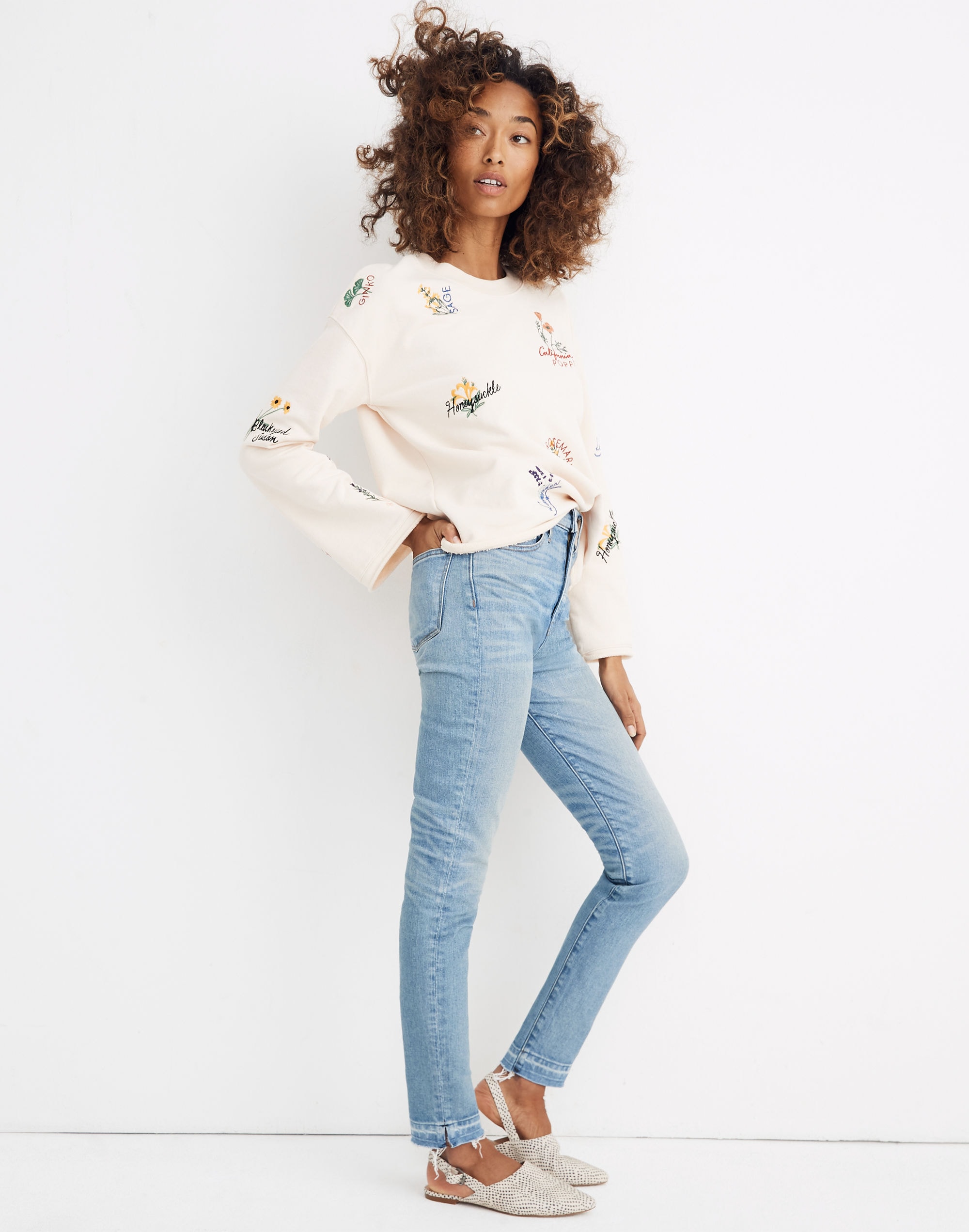 Botanical Embroidered Bell-Sleeve Sweatshirt