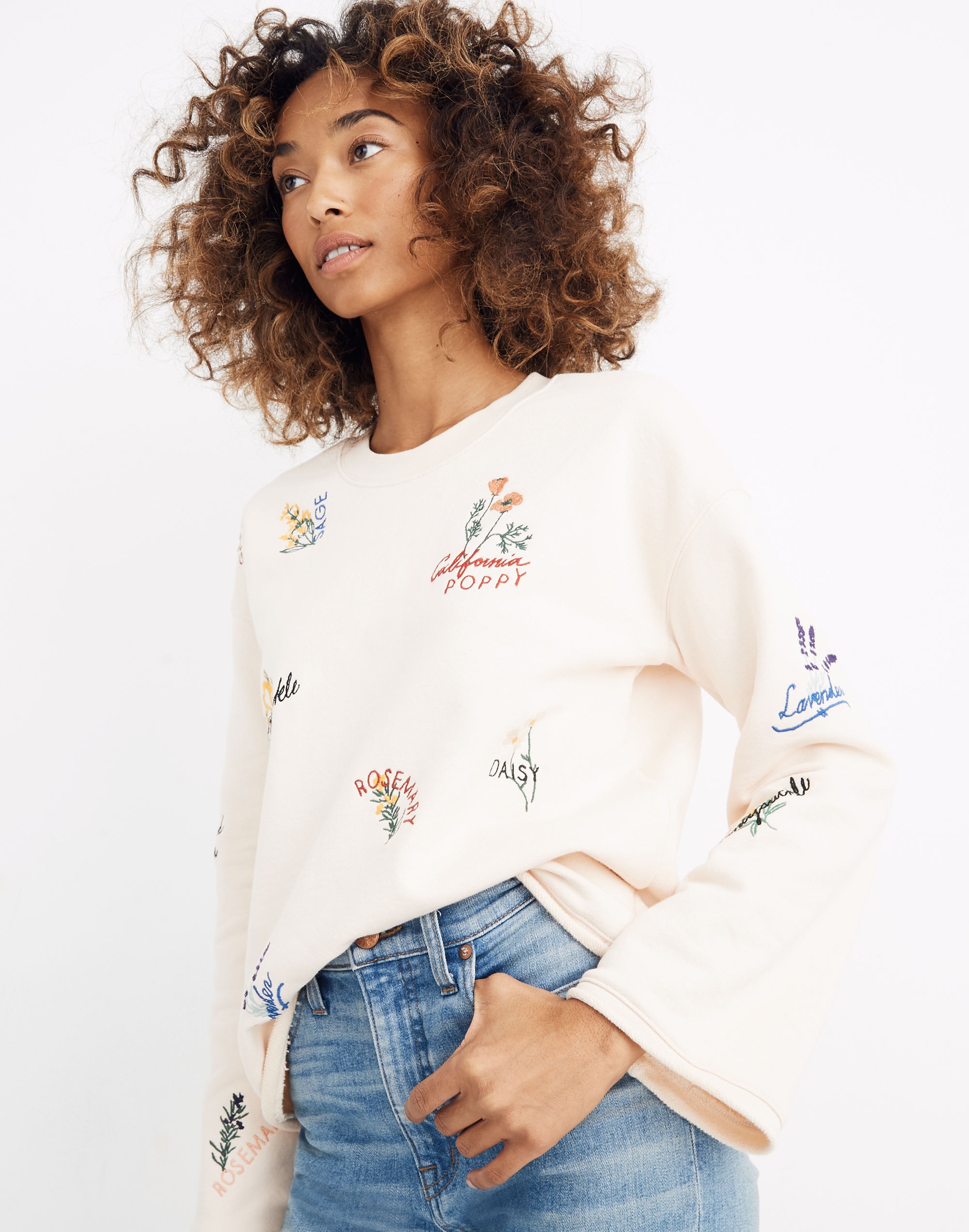 botanical embroidered bell-sleeve sweatshirt