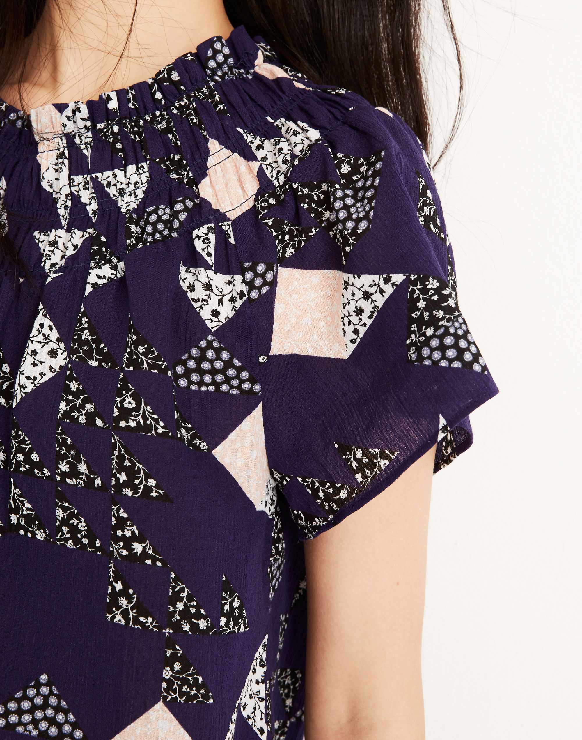 Smocked Mockneck Top in Patchwork Quilt