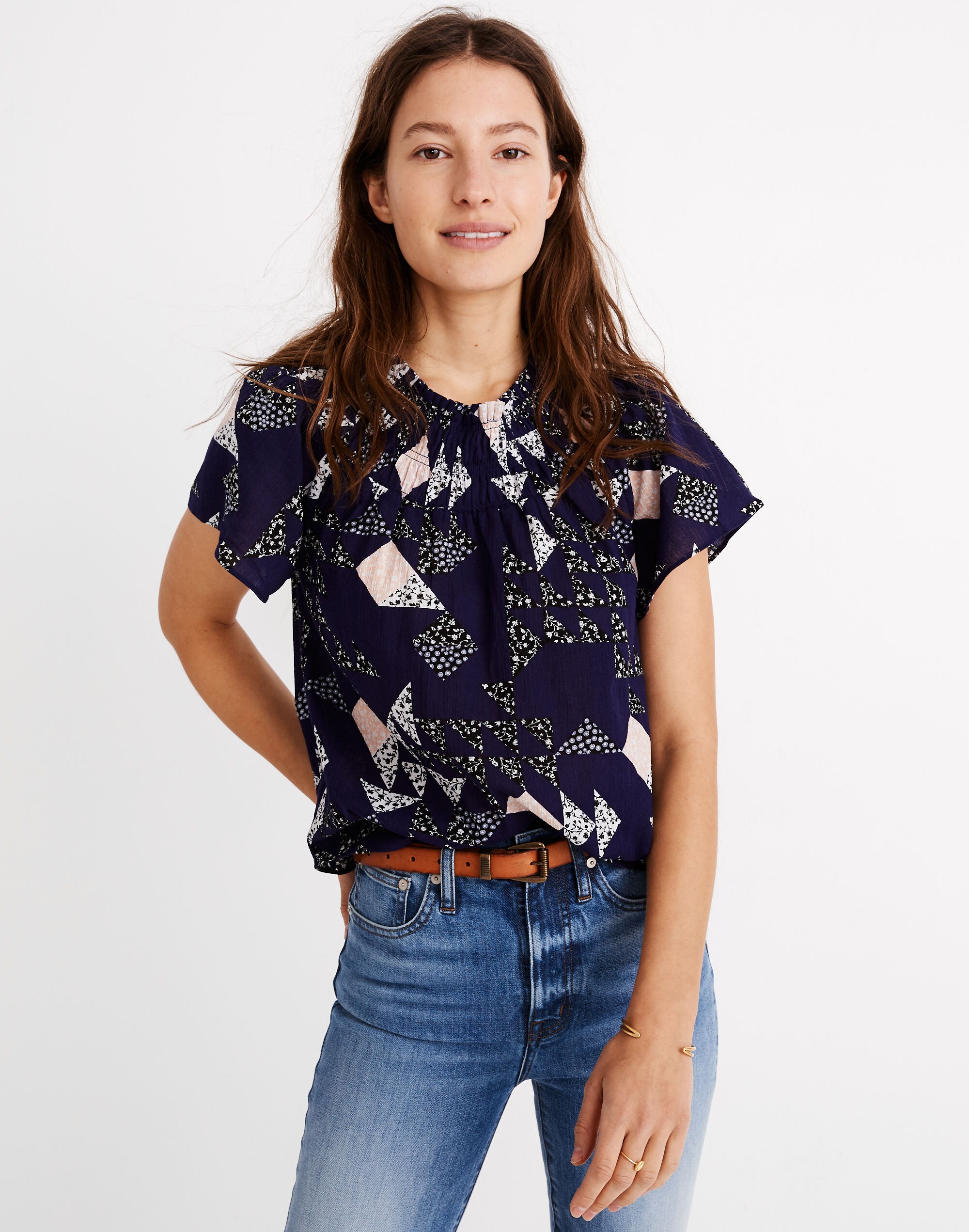 Smocked Mockneck Top in Patchwork Quilt