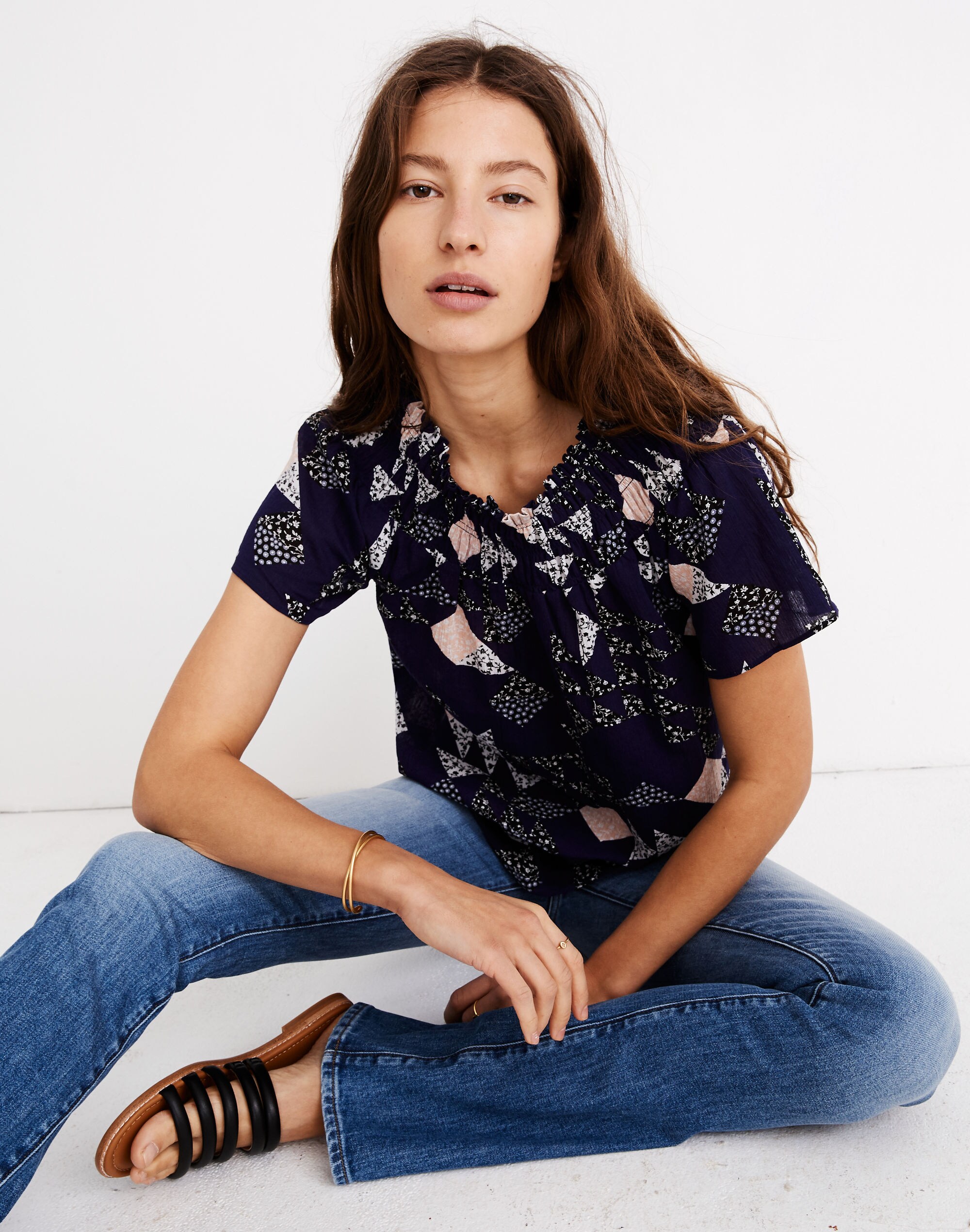 Smocked Mockneck Top in Patchwork Quilt