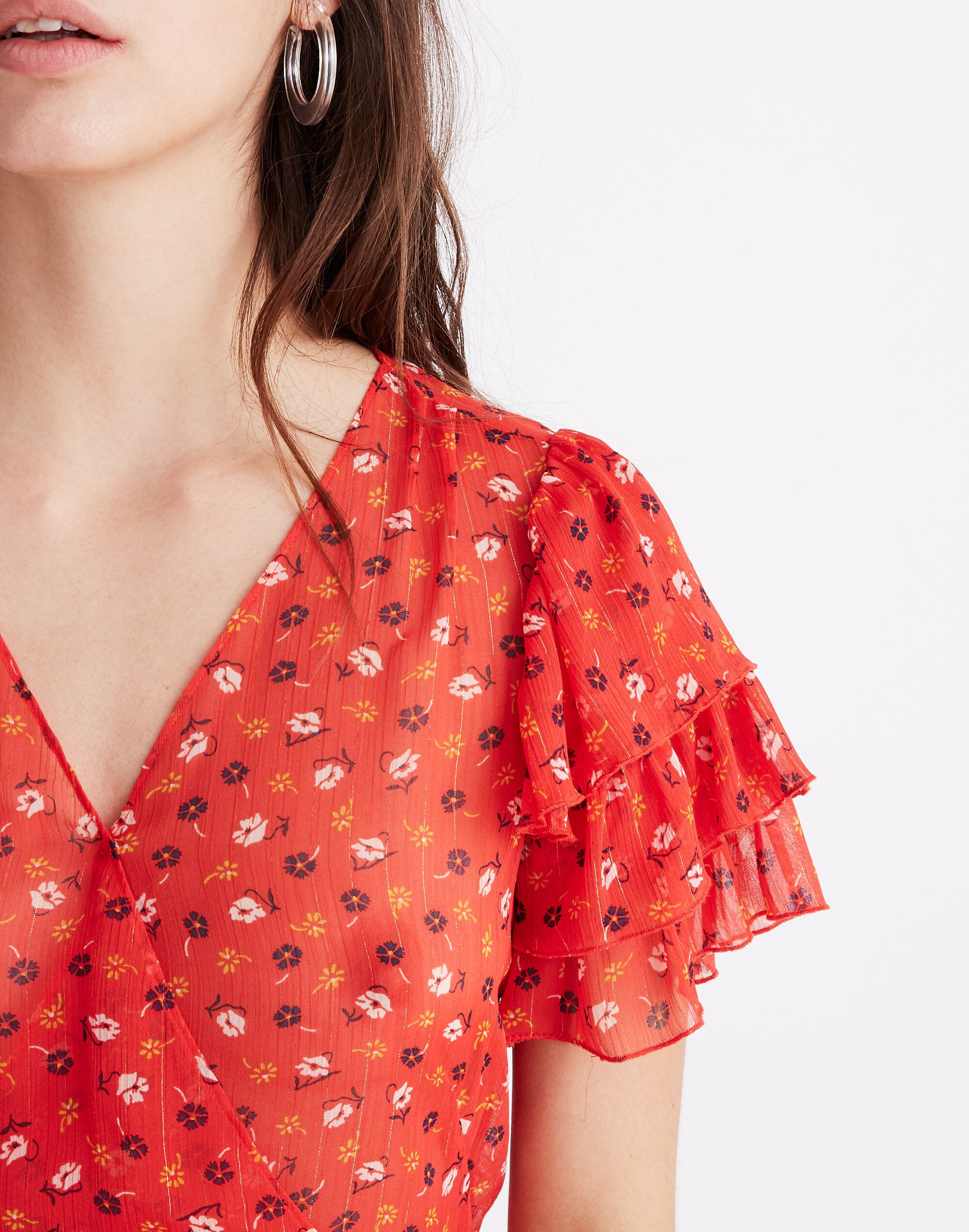 Tiered-Sleeve Peplum Top in Metallic Prairie Posies