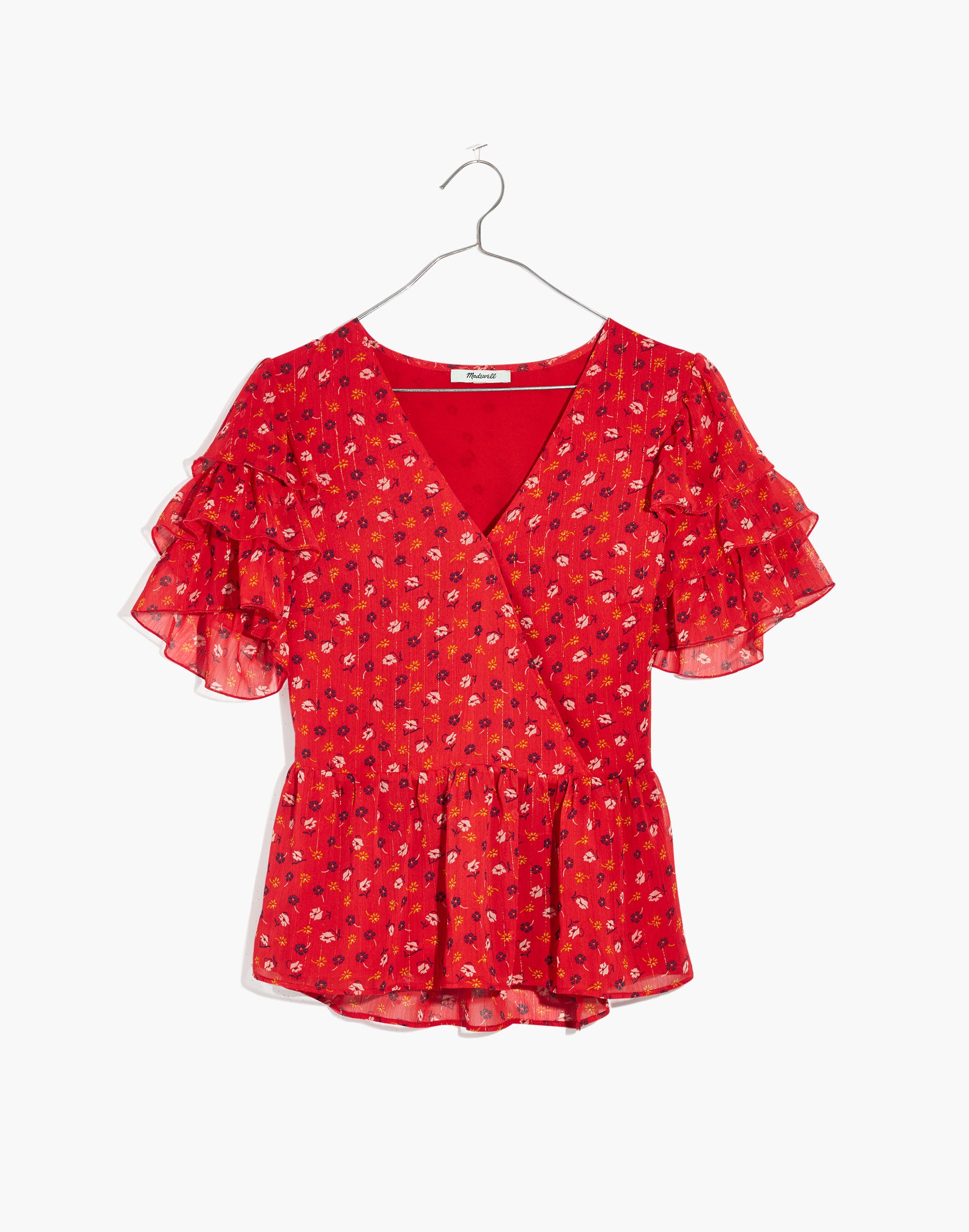 Tiered-Sleeve Peplum Top in Metallic Prairie Posies