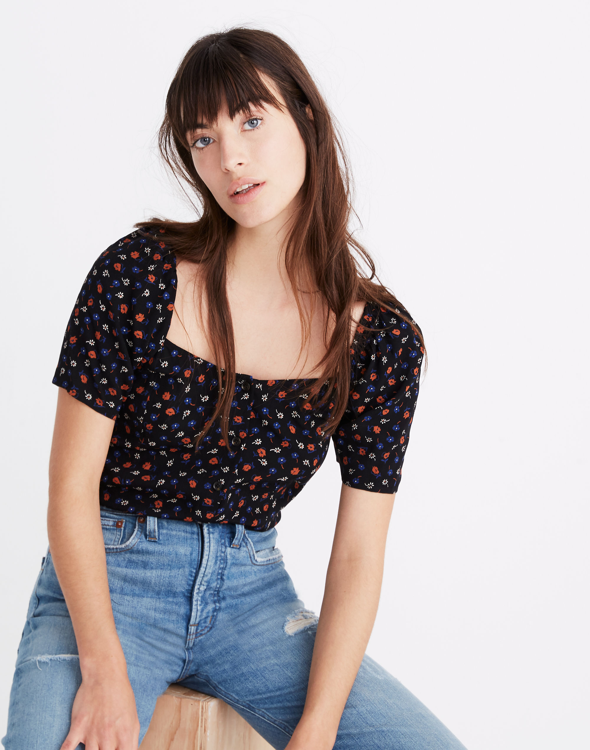 seamed square-neck top in prairie posies