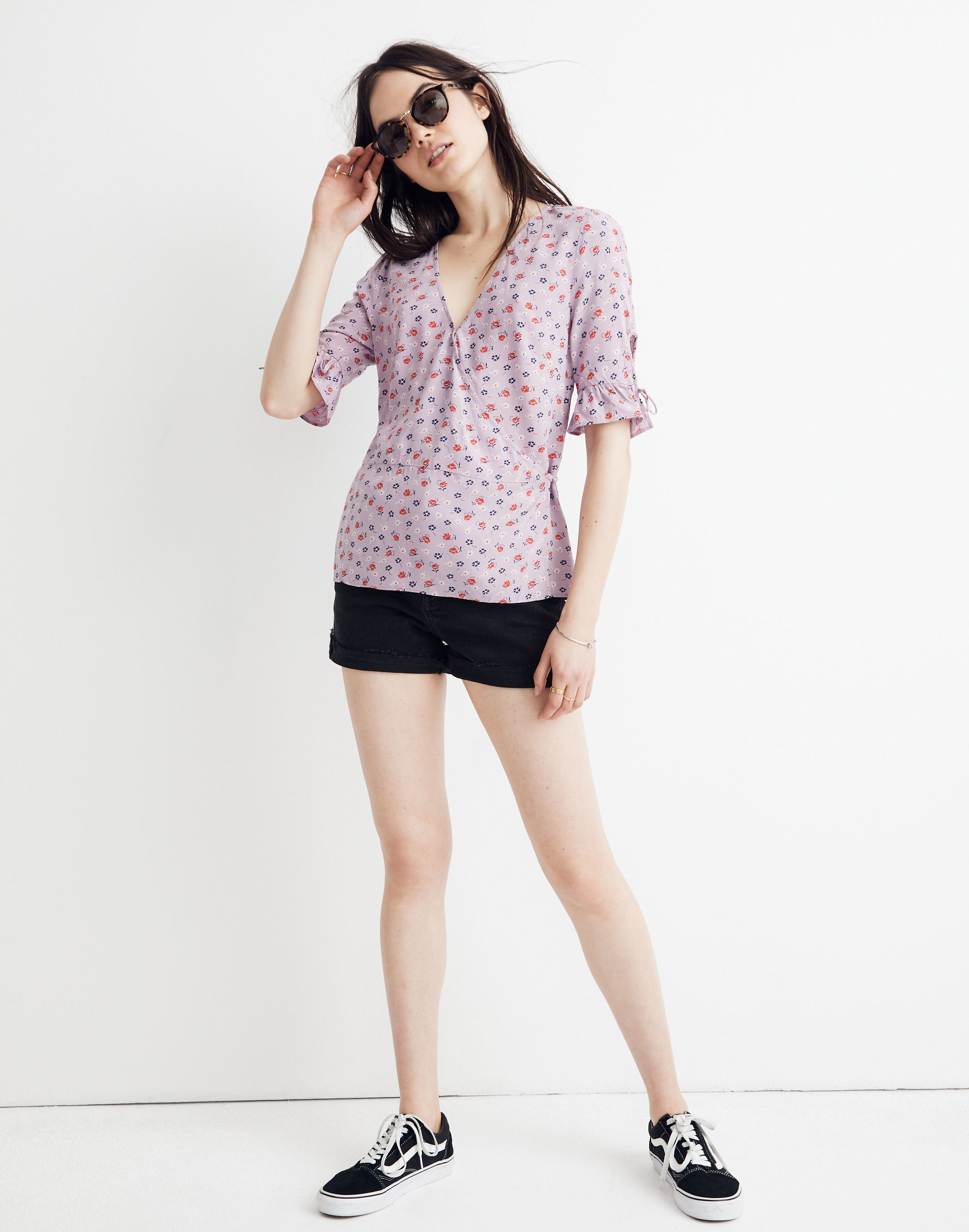 tie-sleeve wrap top in prairie posies