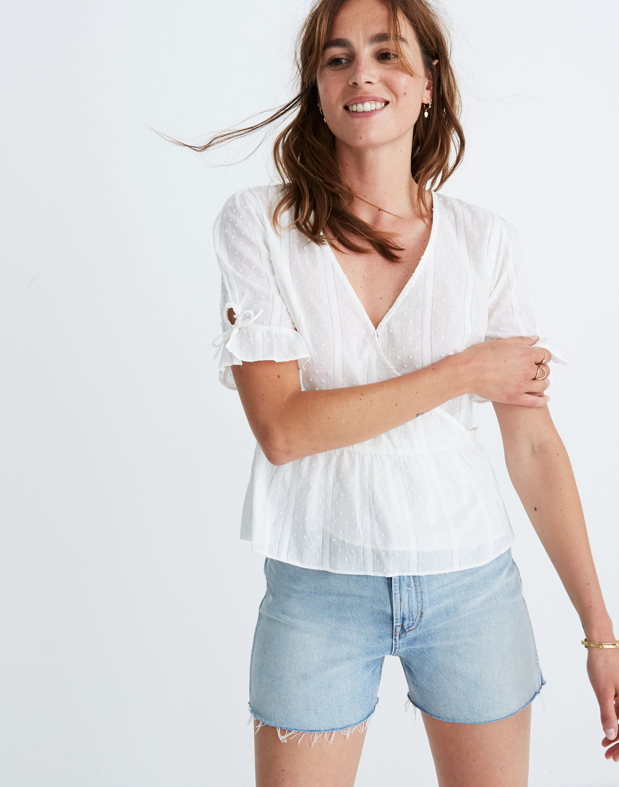 Tie-Sleeve Wrap Top in Swiss Dot
