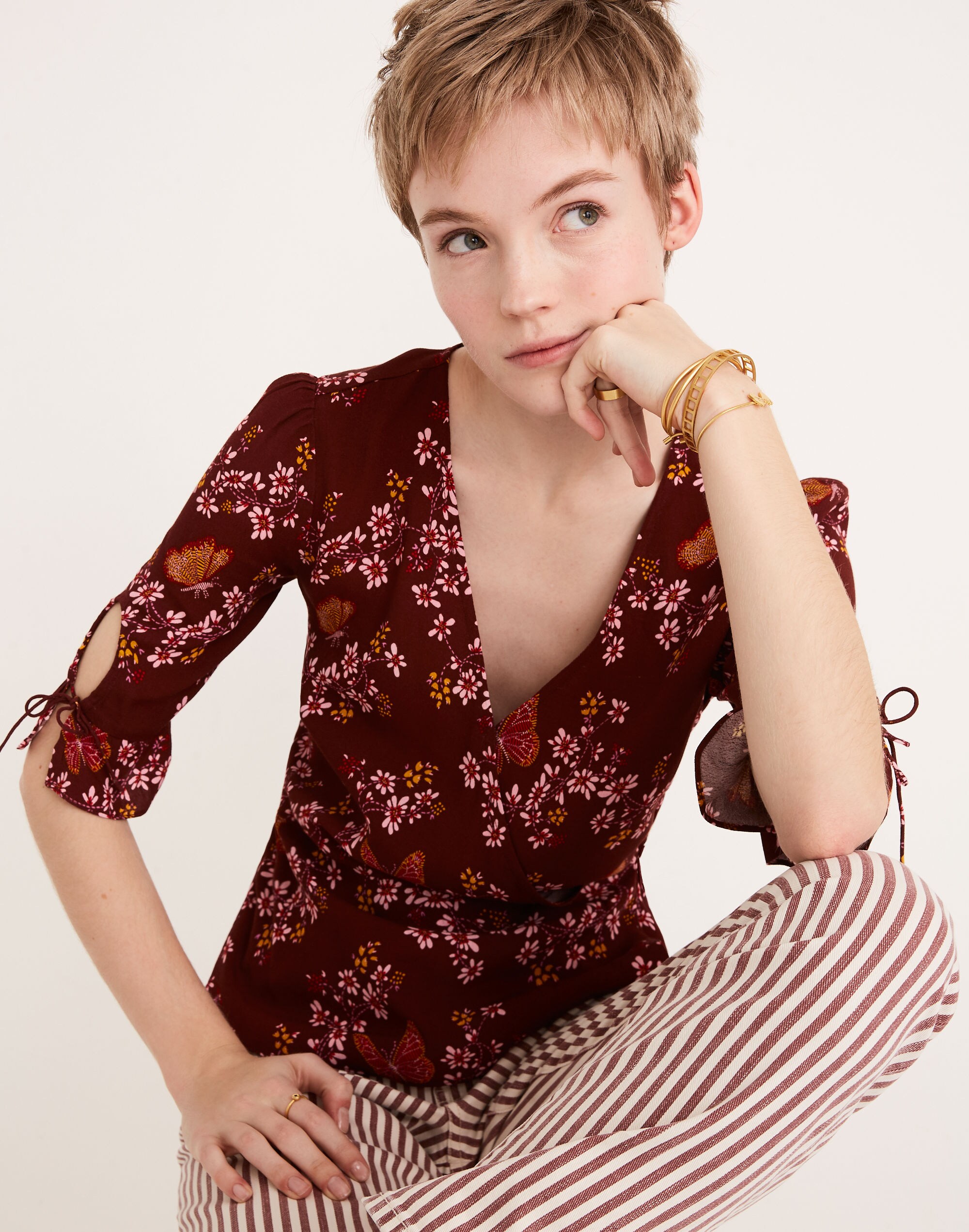 Tie-Sleeve Wrap Top in Butterfly Sanctuary