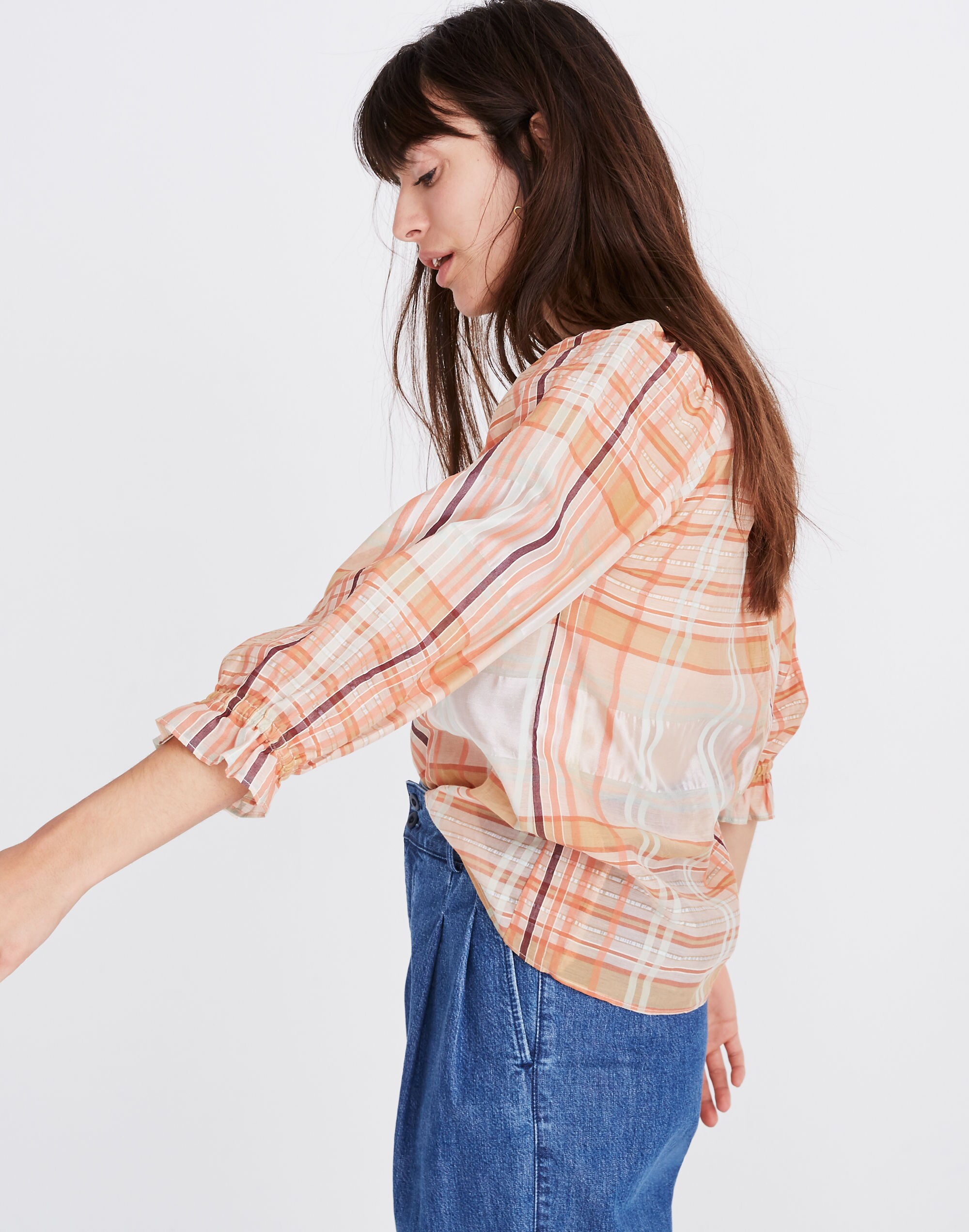 Plaid Tie-Neck Ruffle-Sleeve Top