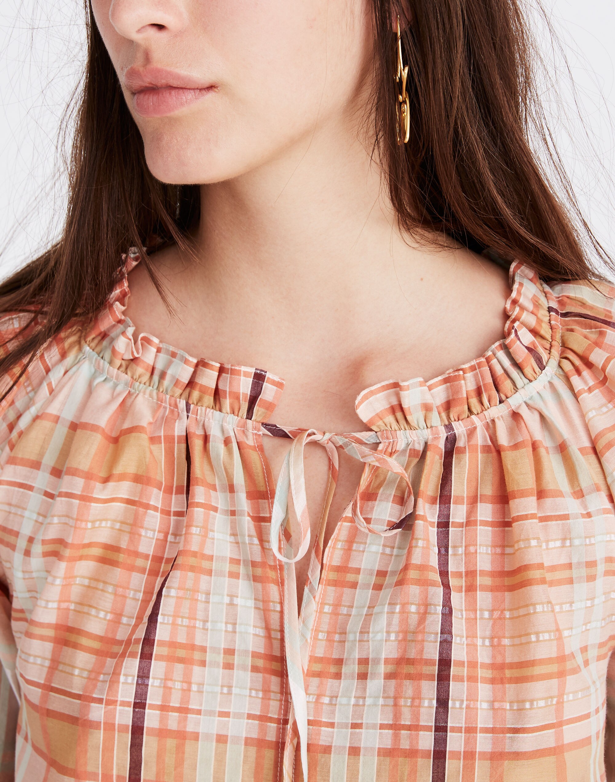 Plaid Tie-Neck Ruffle-Sleeve Top