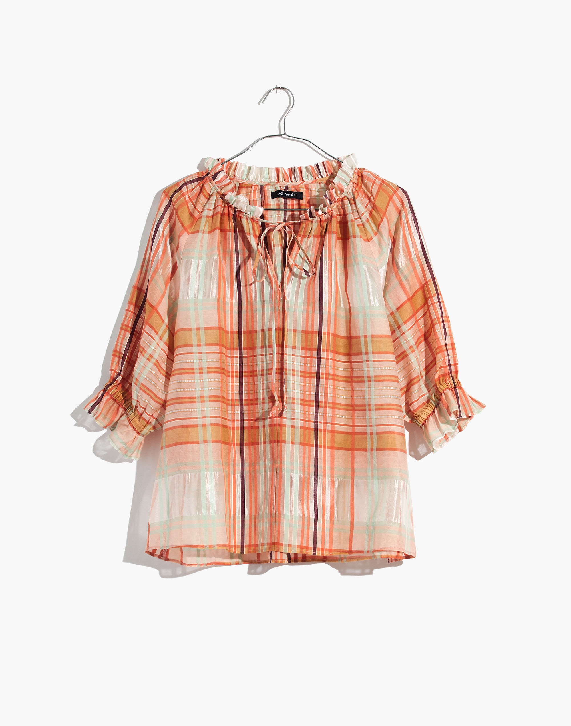 Plaid Tie-Neck Ruffle-Sleeve Top