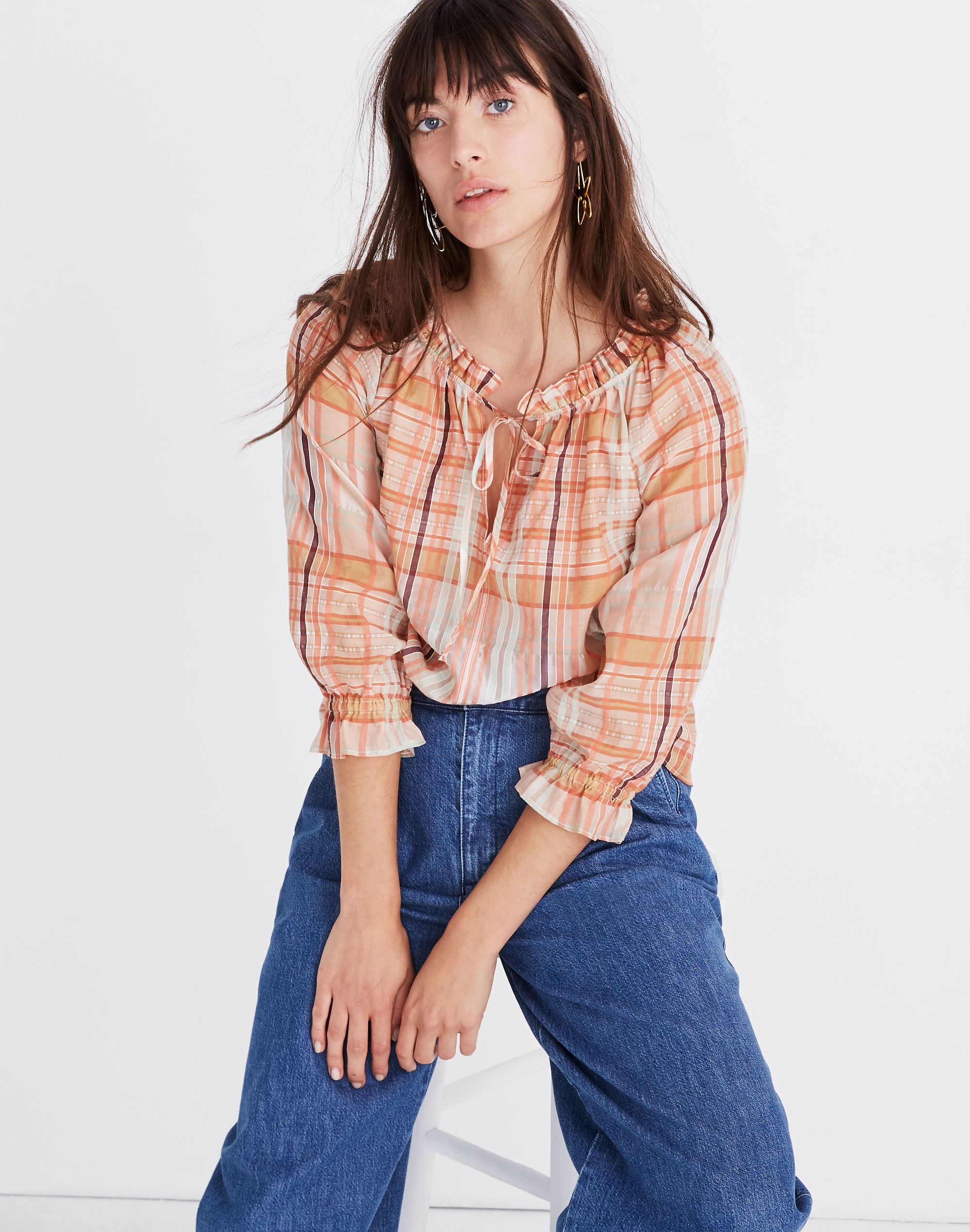 Plaid Tie-Neck Ruffle-Sleeve Top