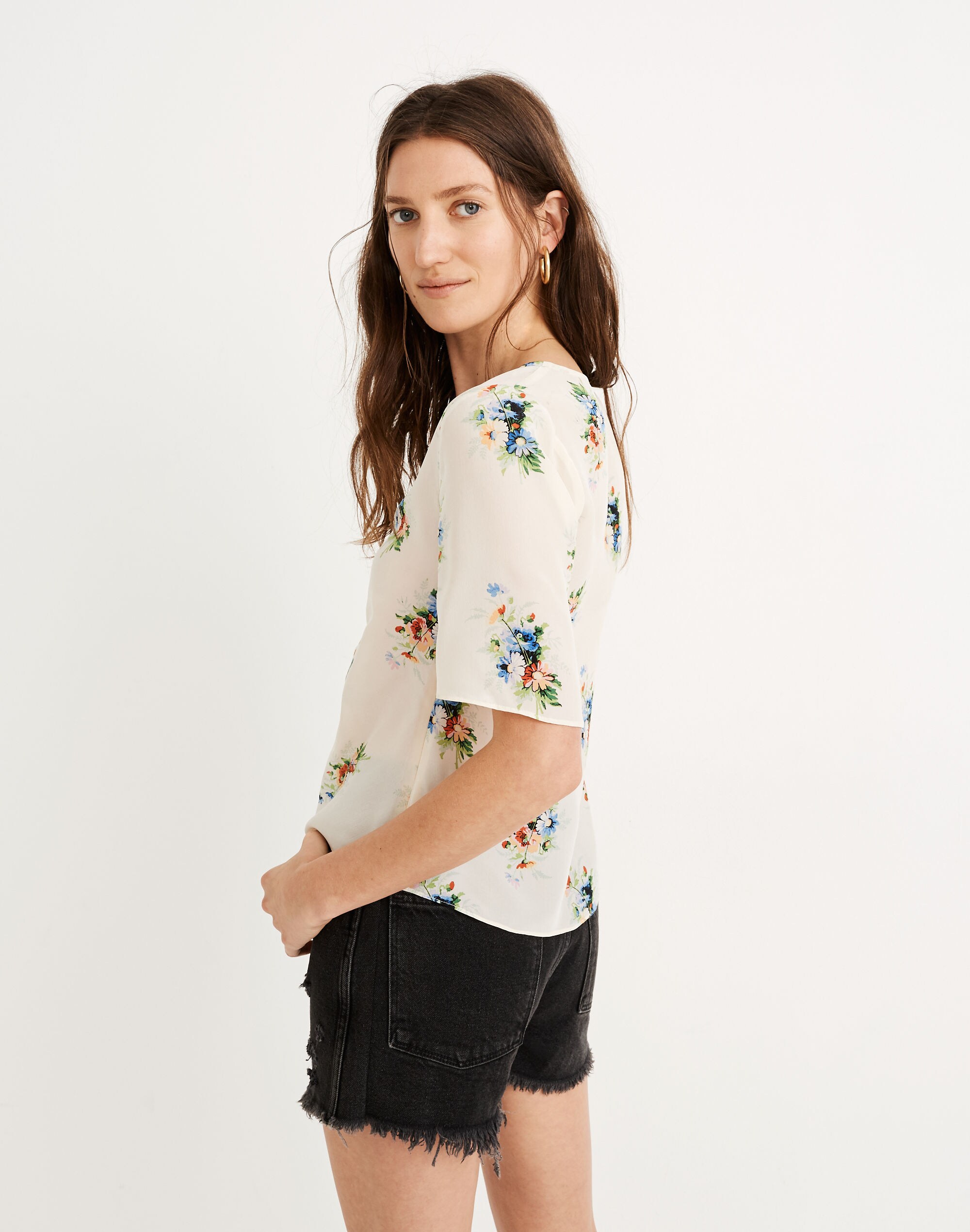 Silk Shirred-Front Top in Classic Corsage