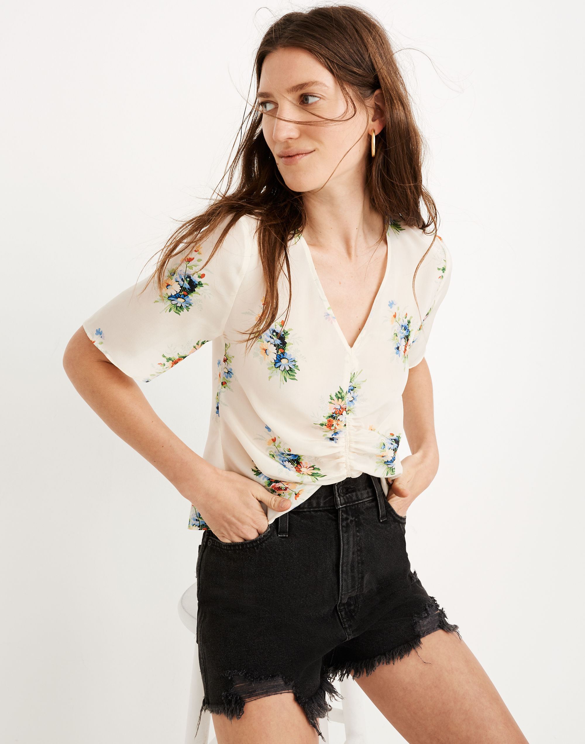 Silk Shirred-Front Top in Classic Corsage