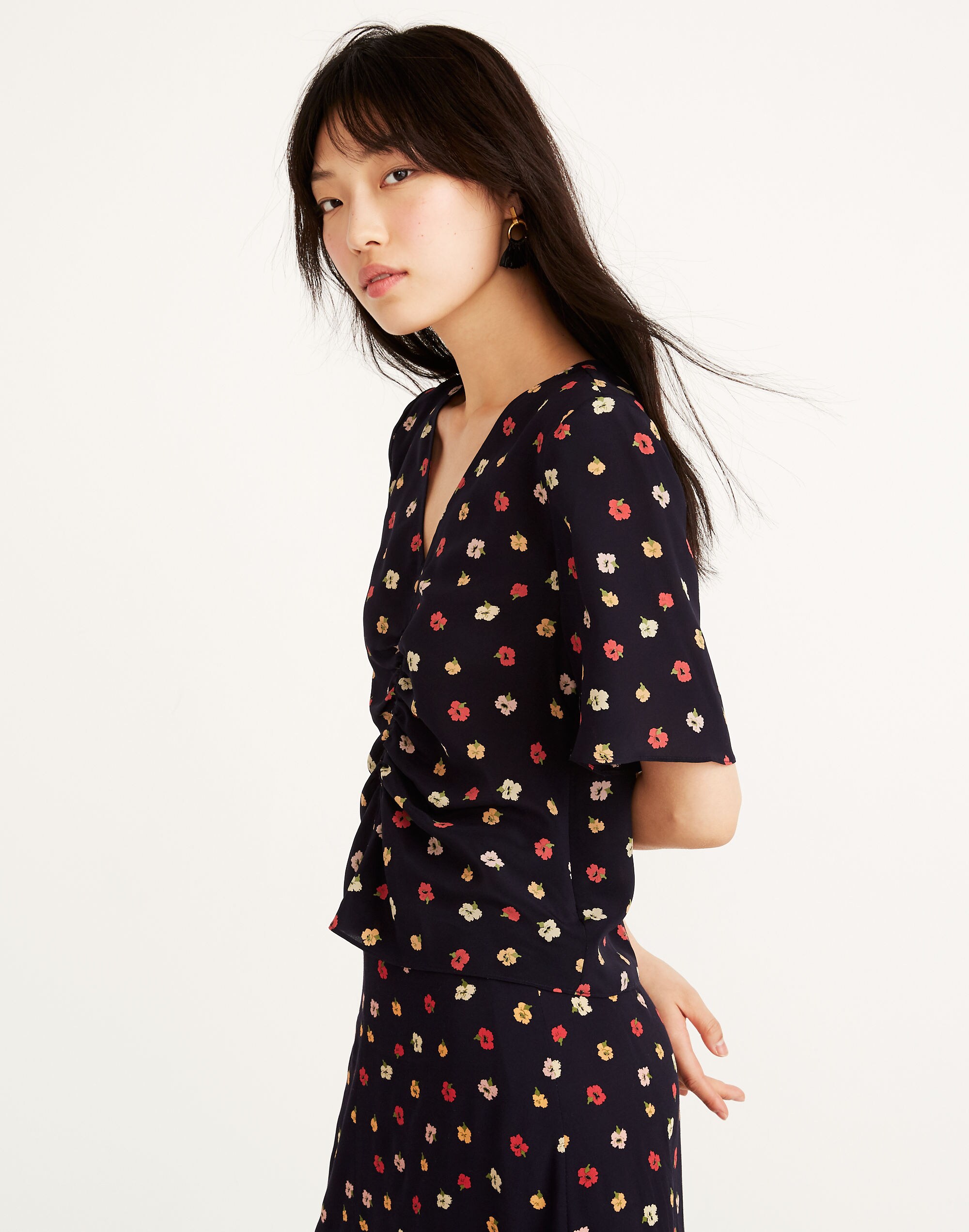 Silk Shirred-Front Top in Confetti Floral