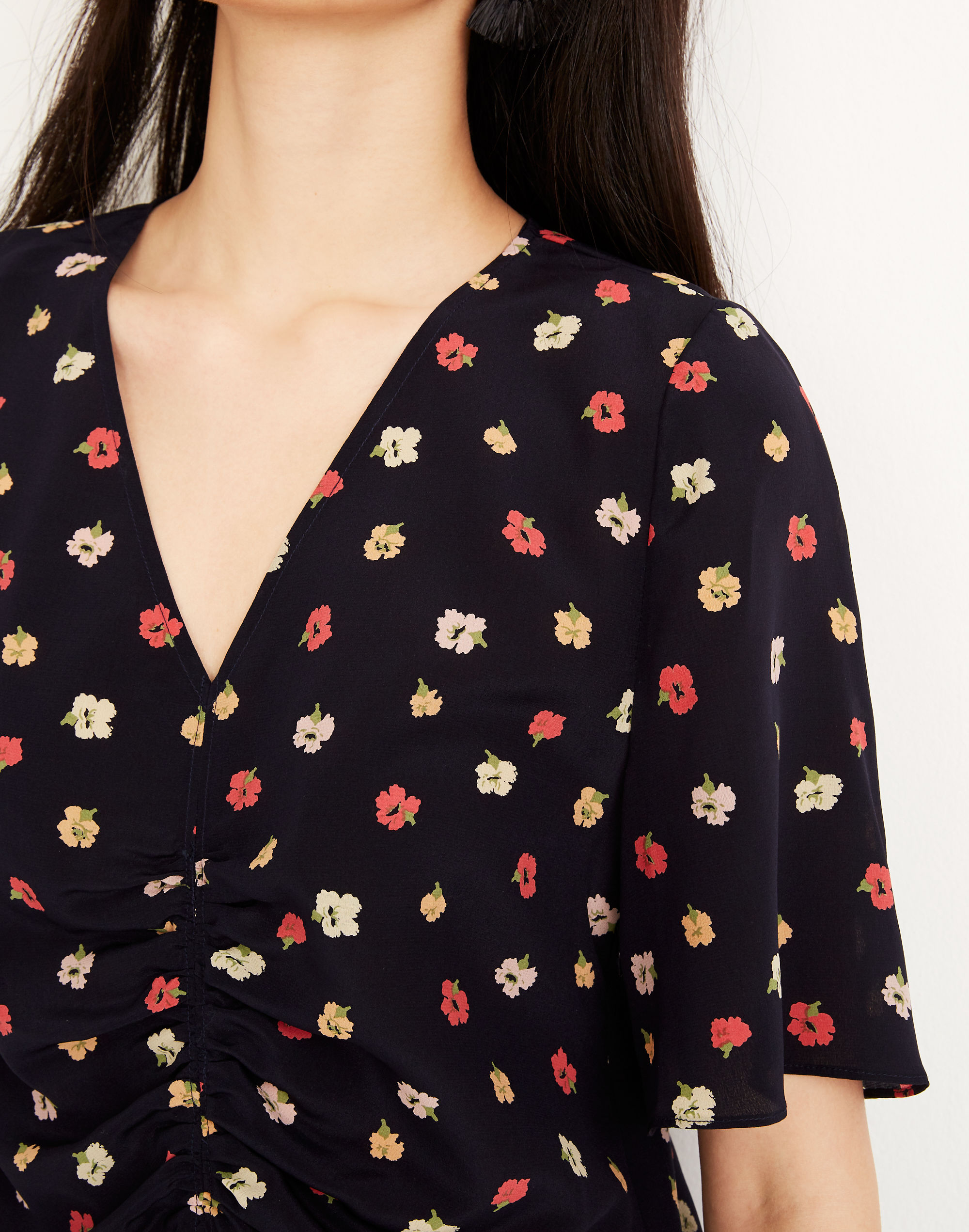 Silk Shirred-Front Top in Confetti Floral