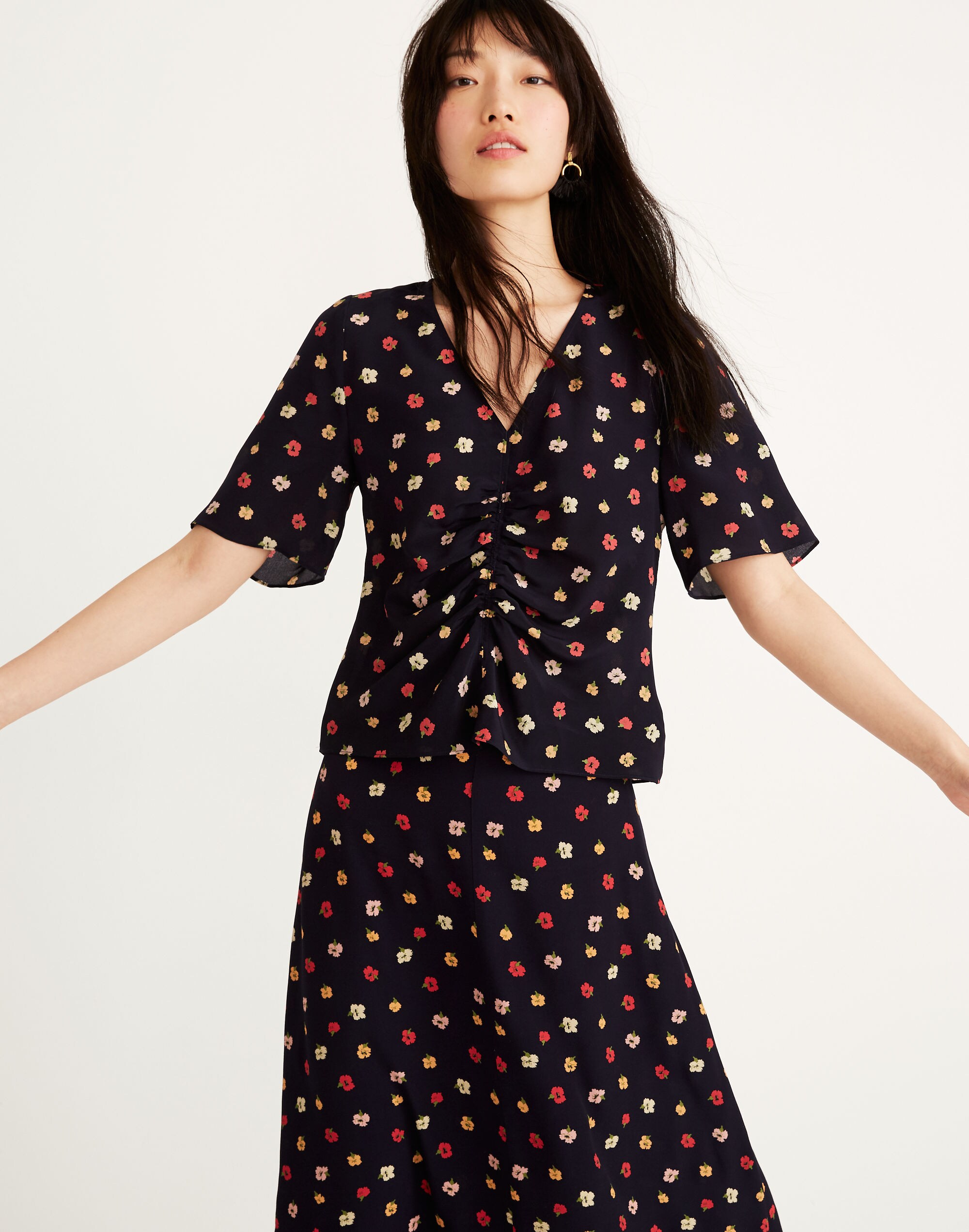 Silk Shirred-Front Top in Confetti Floral