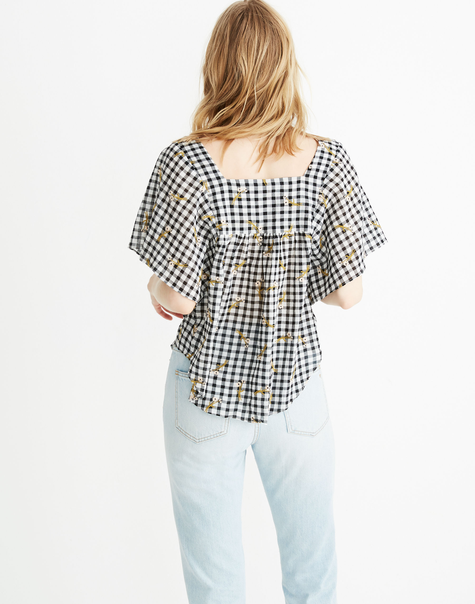 Daisy Sketch Embroidered Butterfly Top in Gingham