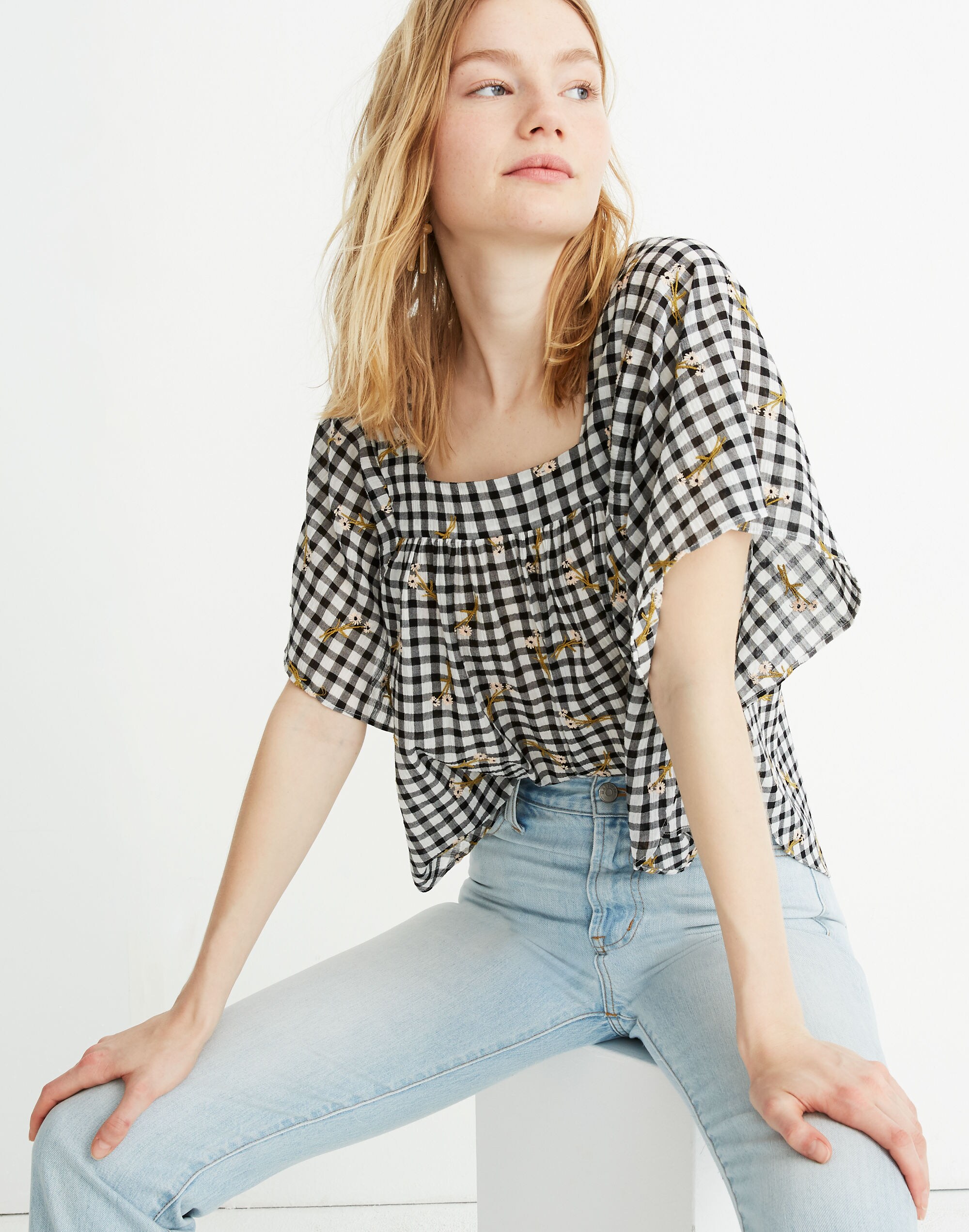 Daisy Sketch Embroidered Butterfly Top in Gingham