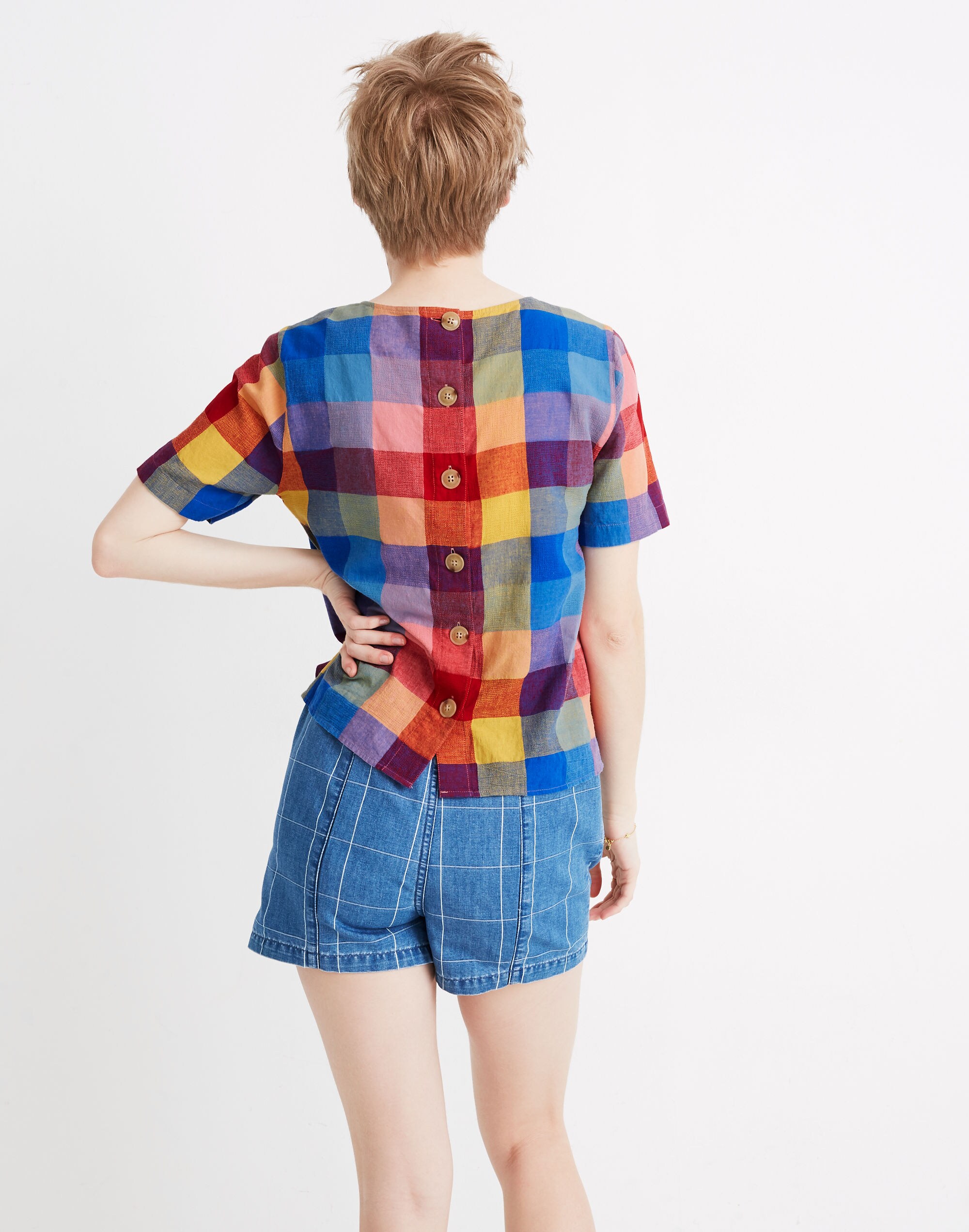 Boxy Button-Back Top in Oversized Gingham Check