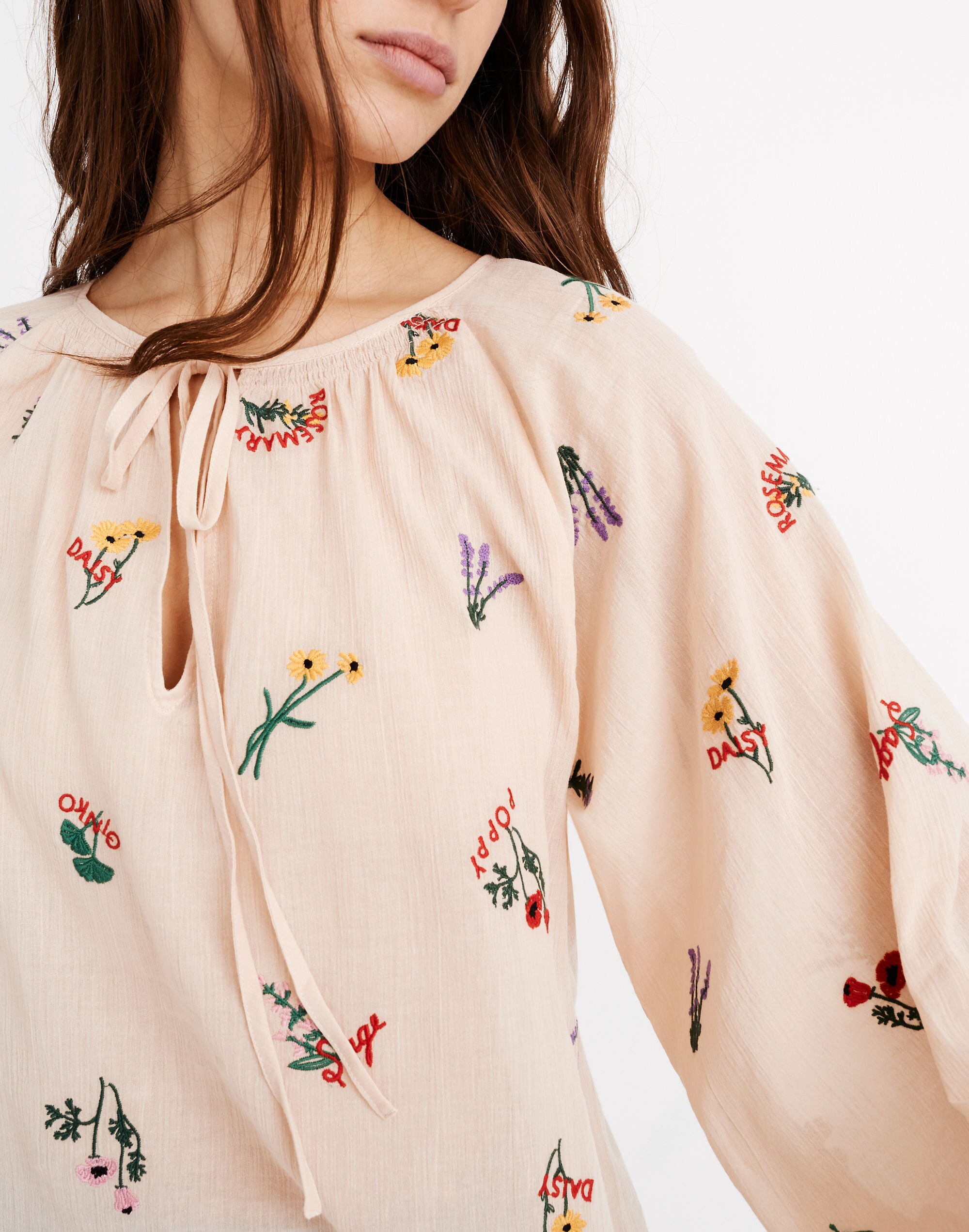 Botanical Embroidered Tie-Neck Peasant Top