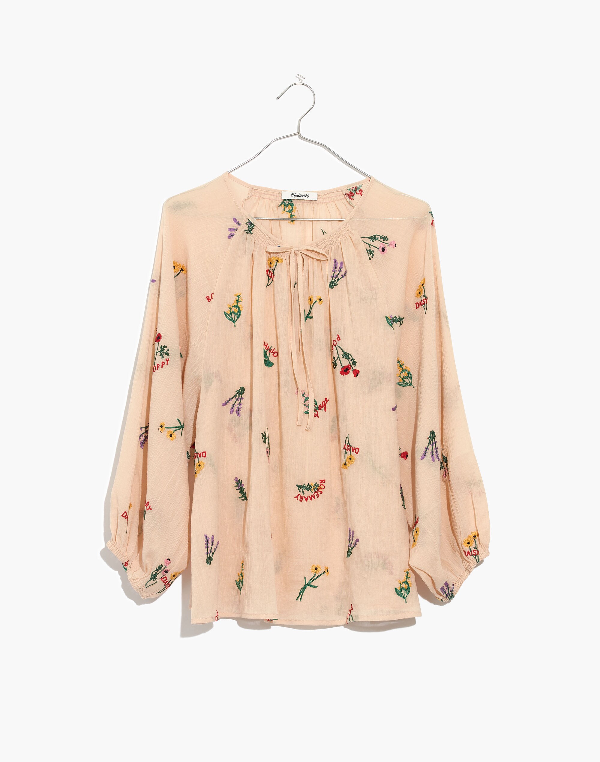 Botanical Embroidered Tie-Neck Peasant Top