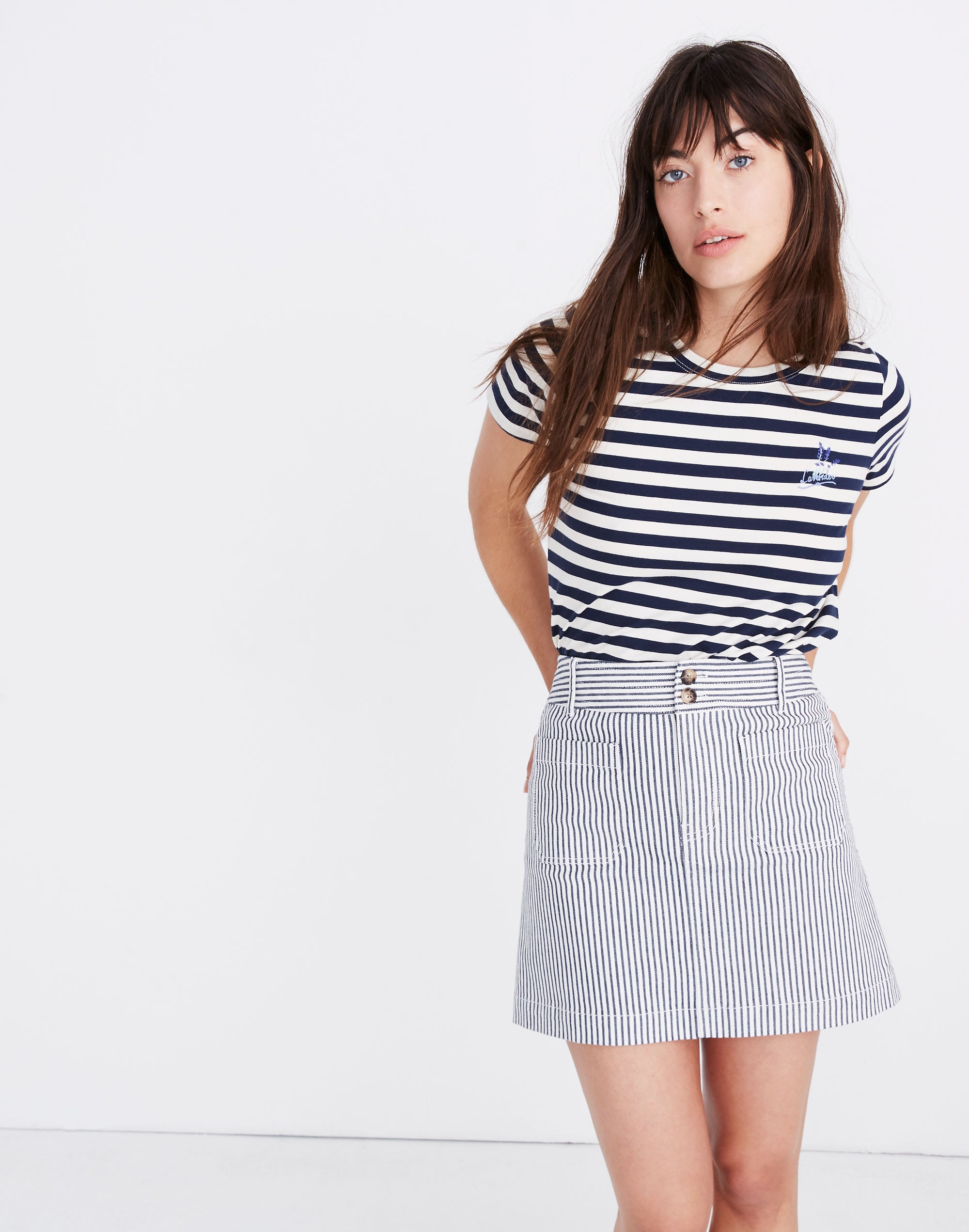 Stretch A-Line Mini Skirt in Navy Stripe